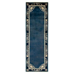 Vintage Chinese Deco Style Runner in Deep Blue Floral Pattern by Rug & Kilim