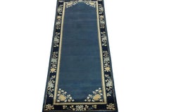 Vintage Chinese Deco Style Runner in Deep Blue White, Gold Floral by Rug & Kilim