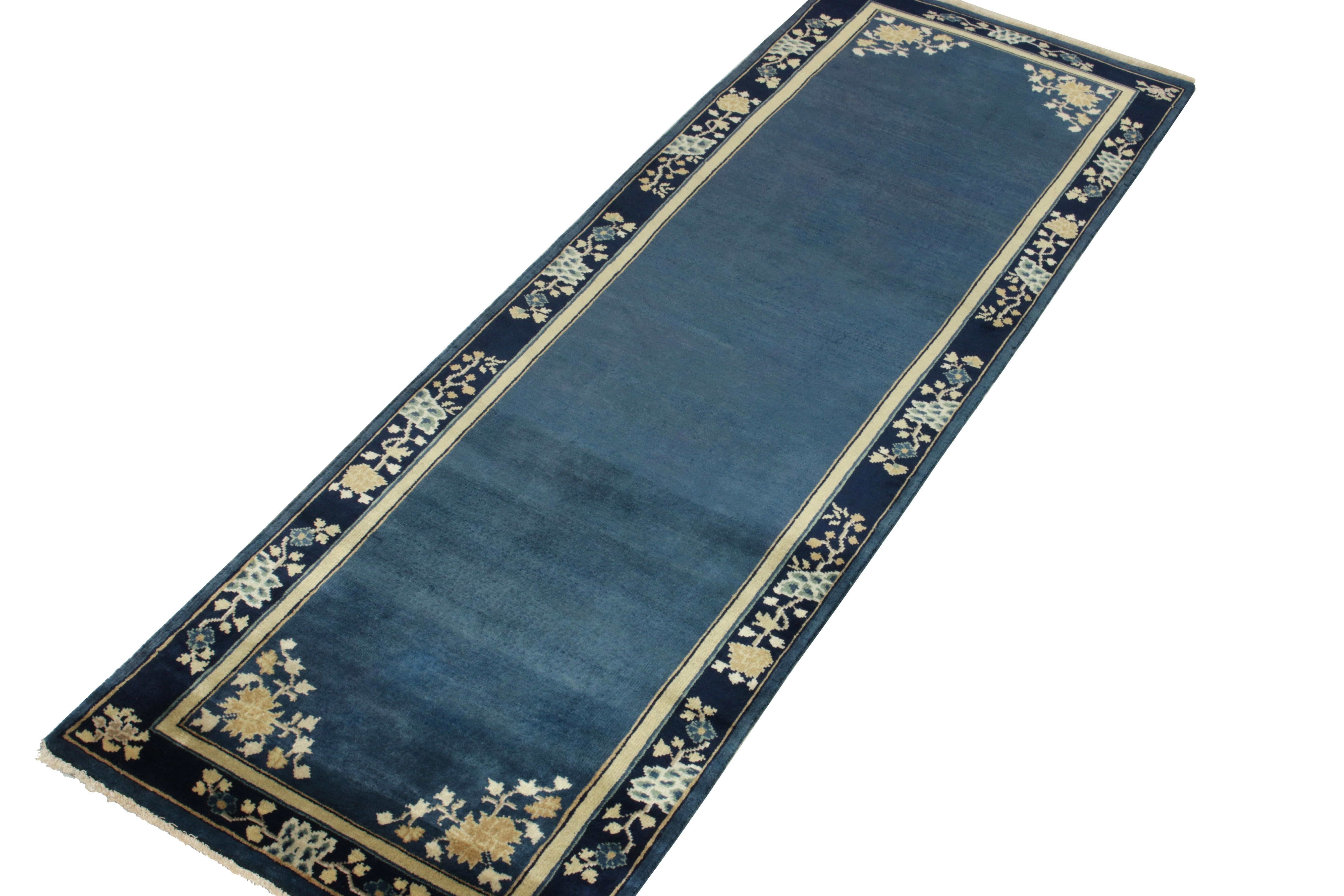 Art Deco Vintage Chinese Deco Style Runner in Deep Blue White, Gold Floral by Rug & Kilim For Sale