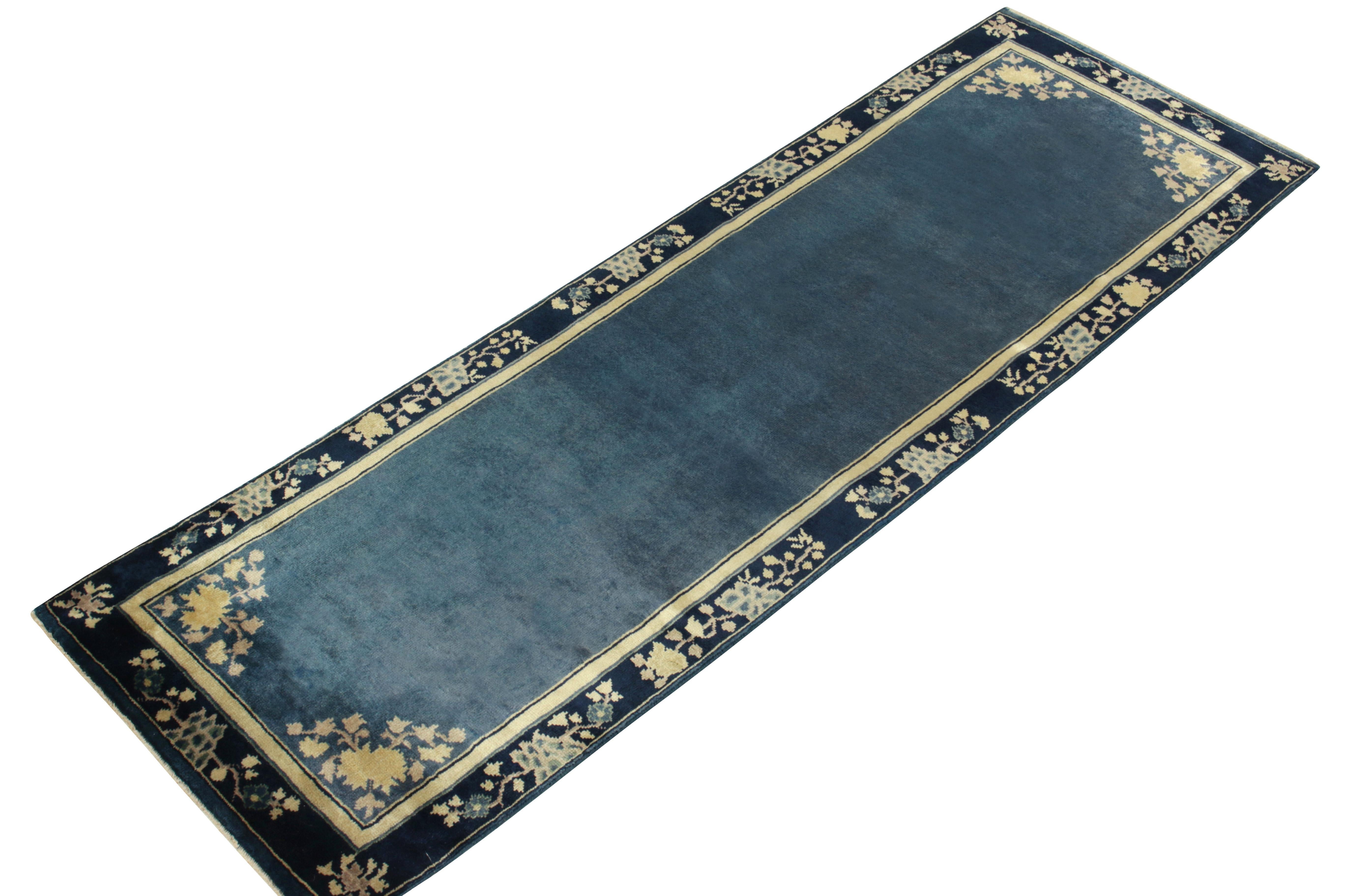 Art Deco Vintage Chinese Deco Style Runner in Deep Blue, White Gold Floral by Rug & Kilim For Sale