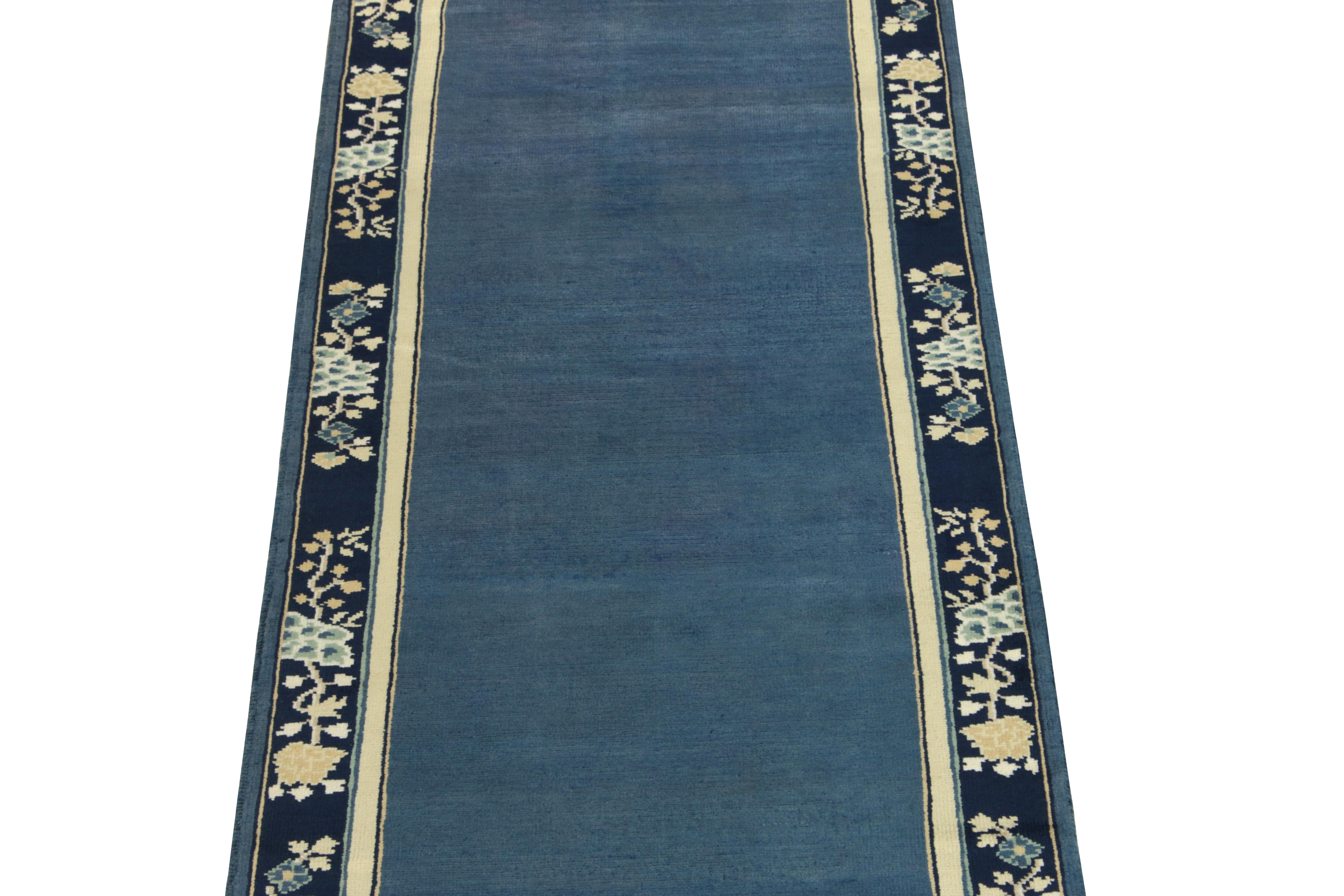 Armenian Vintage Chinese Deco Style Runner in Deep Blue White, Gold Floral by Rug & Kilim For Sale
