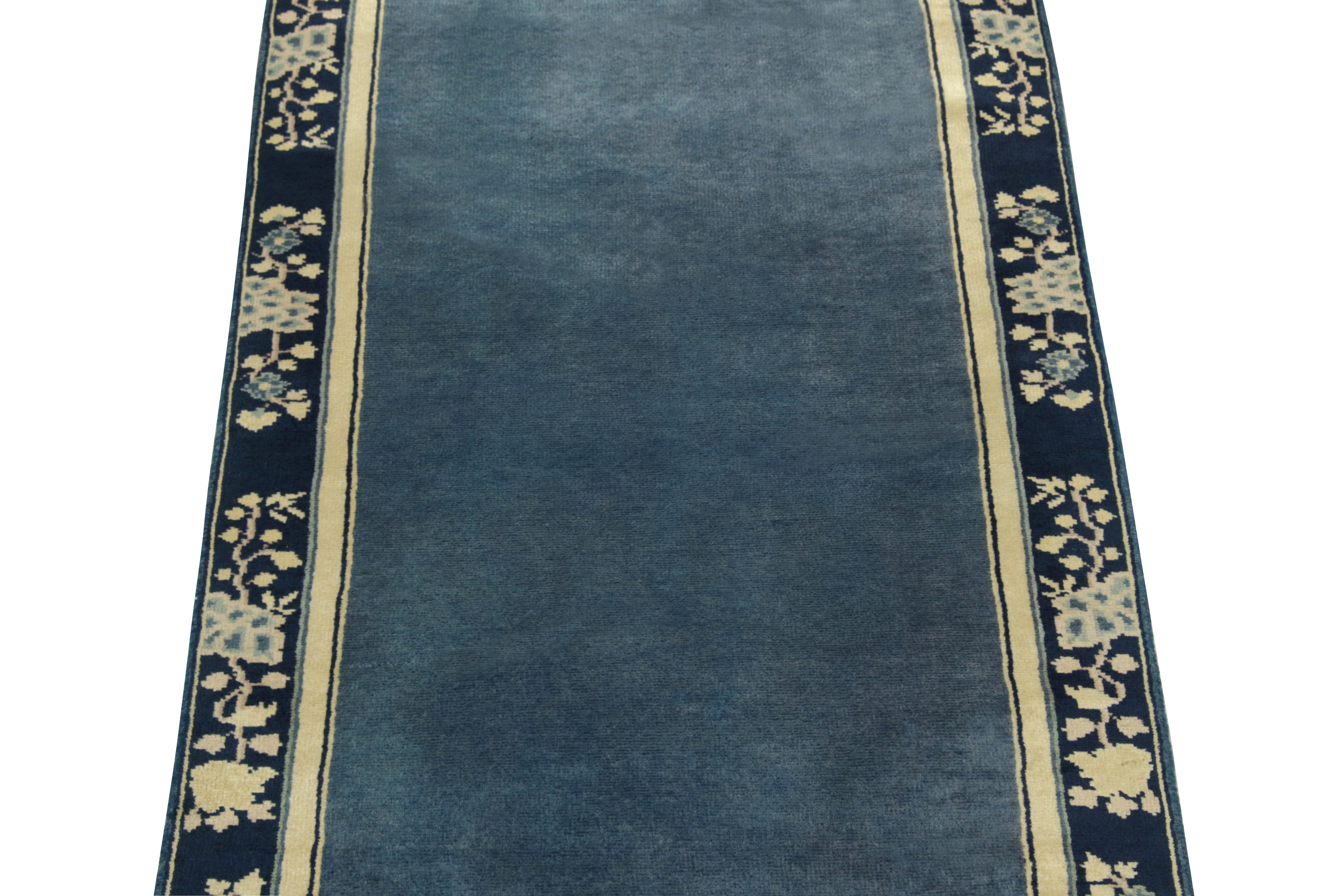 Indian Vintage Chinese Deco Style Runner in Deep Blue, White Gold Floral by Rug & Kilim For Sale