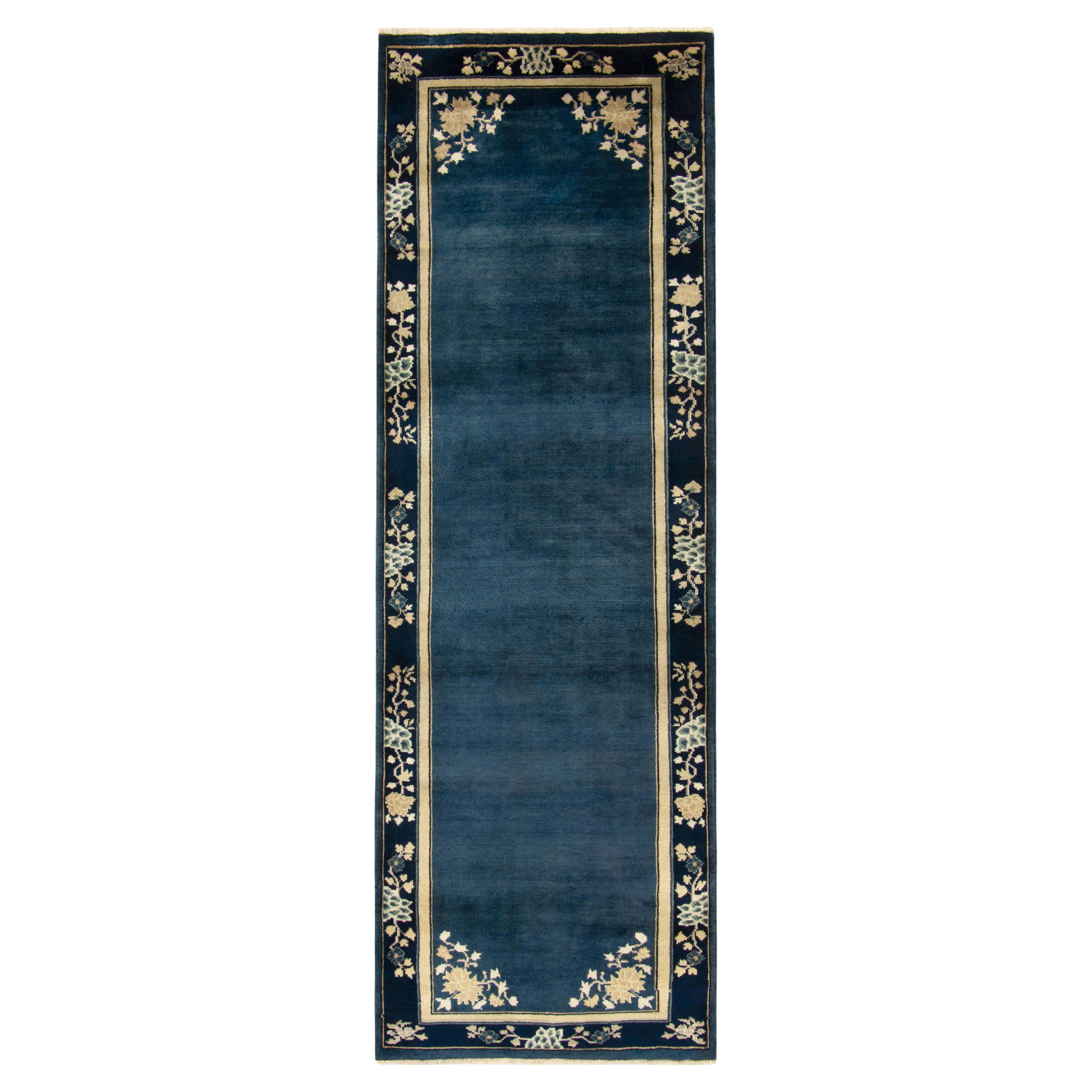 Vintage Chinese Deco Style Runner in Deep Blue White, Gold Floral by Rug & Kilim