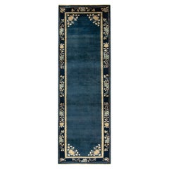 Vintage Chinese Deco Style Runner in Deep Blue White, Gold Floral by Rug & Kilim