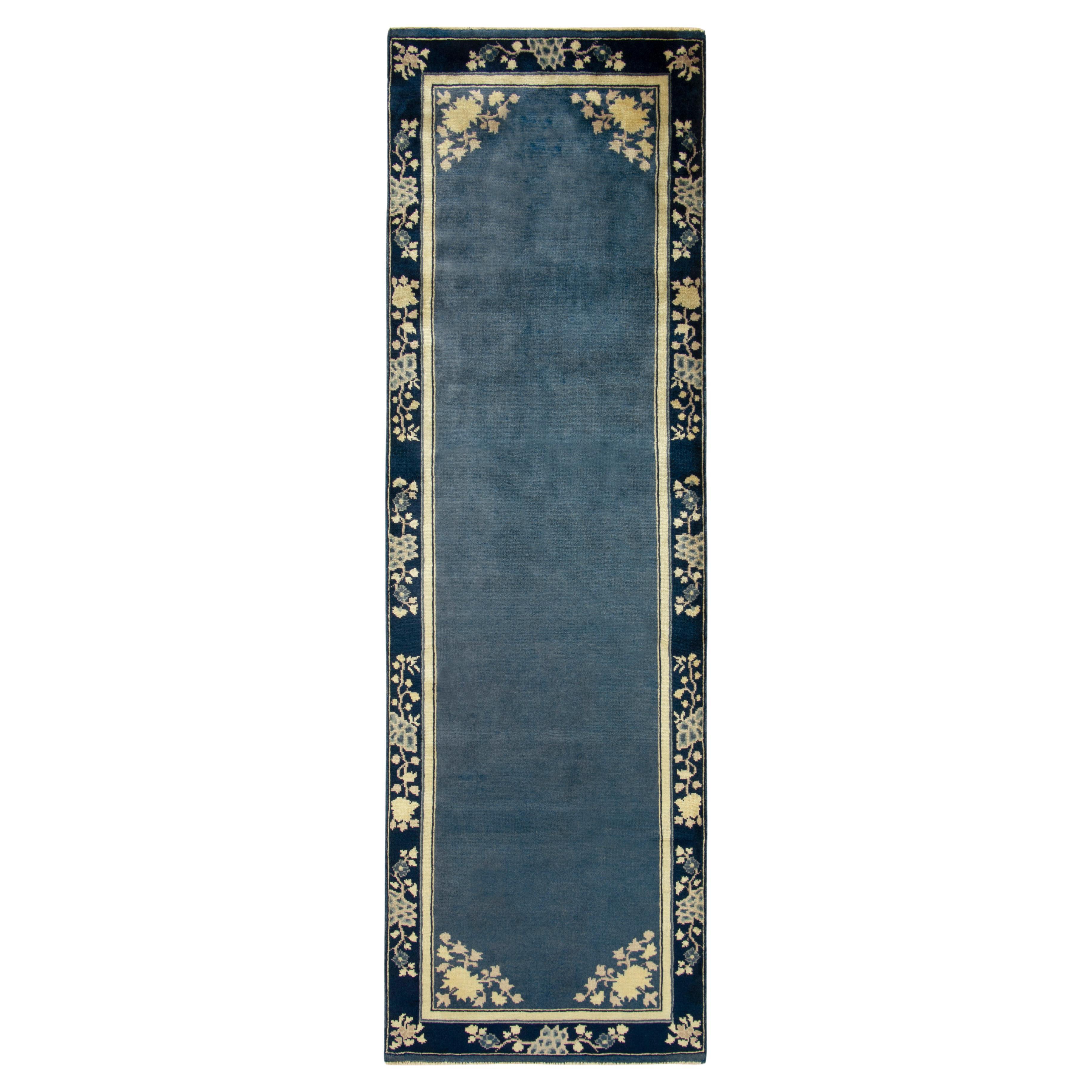 Vintage Chinese Deco Style Runner in Deep Blue, White Gold Floral by Rug & Kilim For Sale