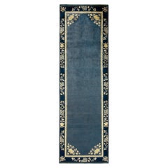 Retro Chinese Deco Style Runner in Deep Blue, White Gold Floral by Rug & Kilim