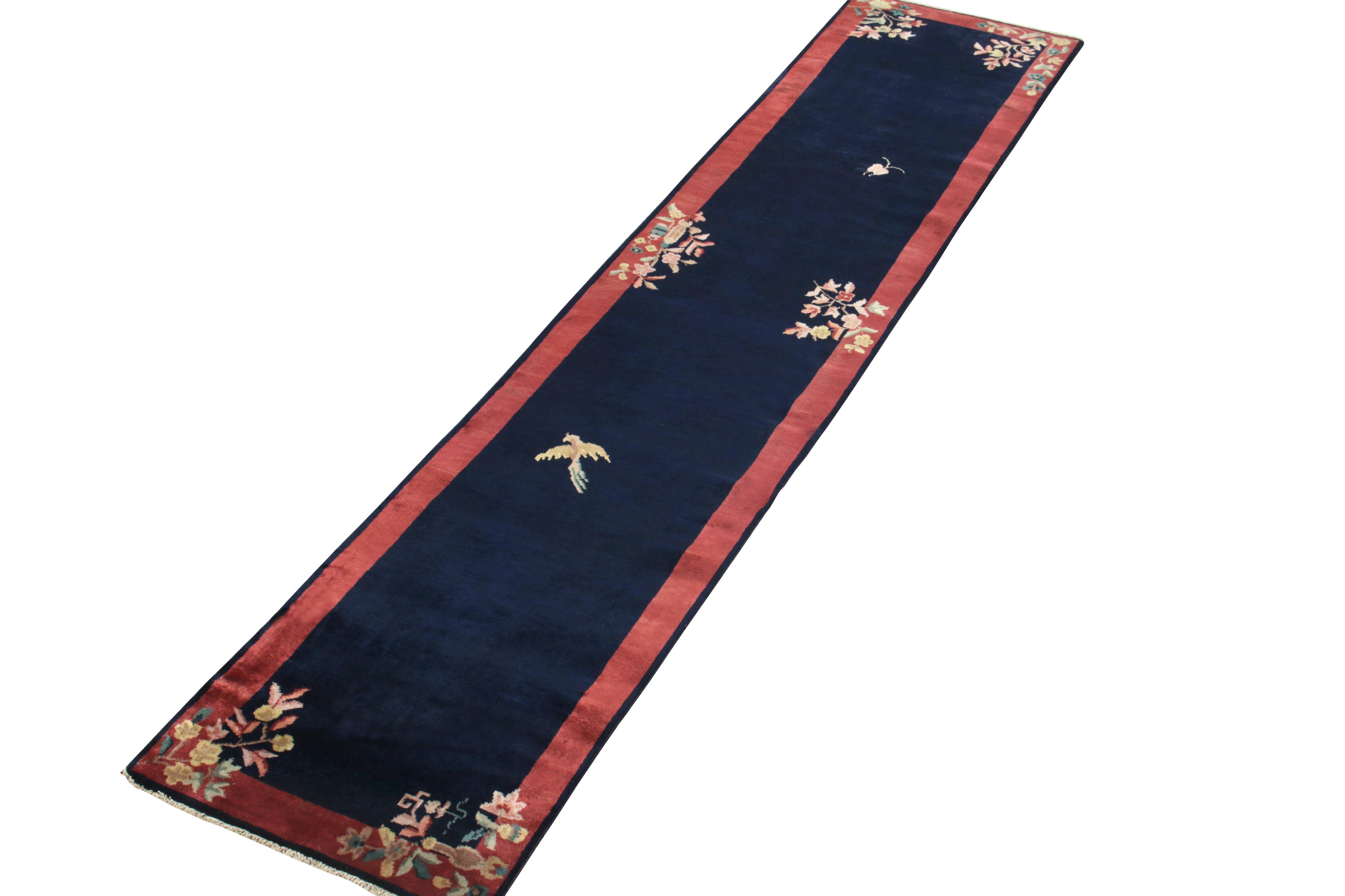 Art Deco Vintage Chinese Deco Style Runner in Deep Blue Red Floral Pattern by Rug & Kilim For Sale