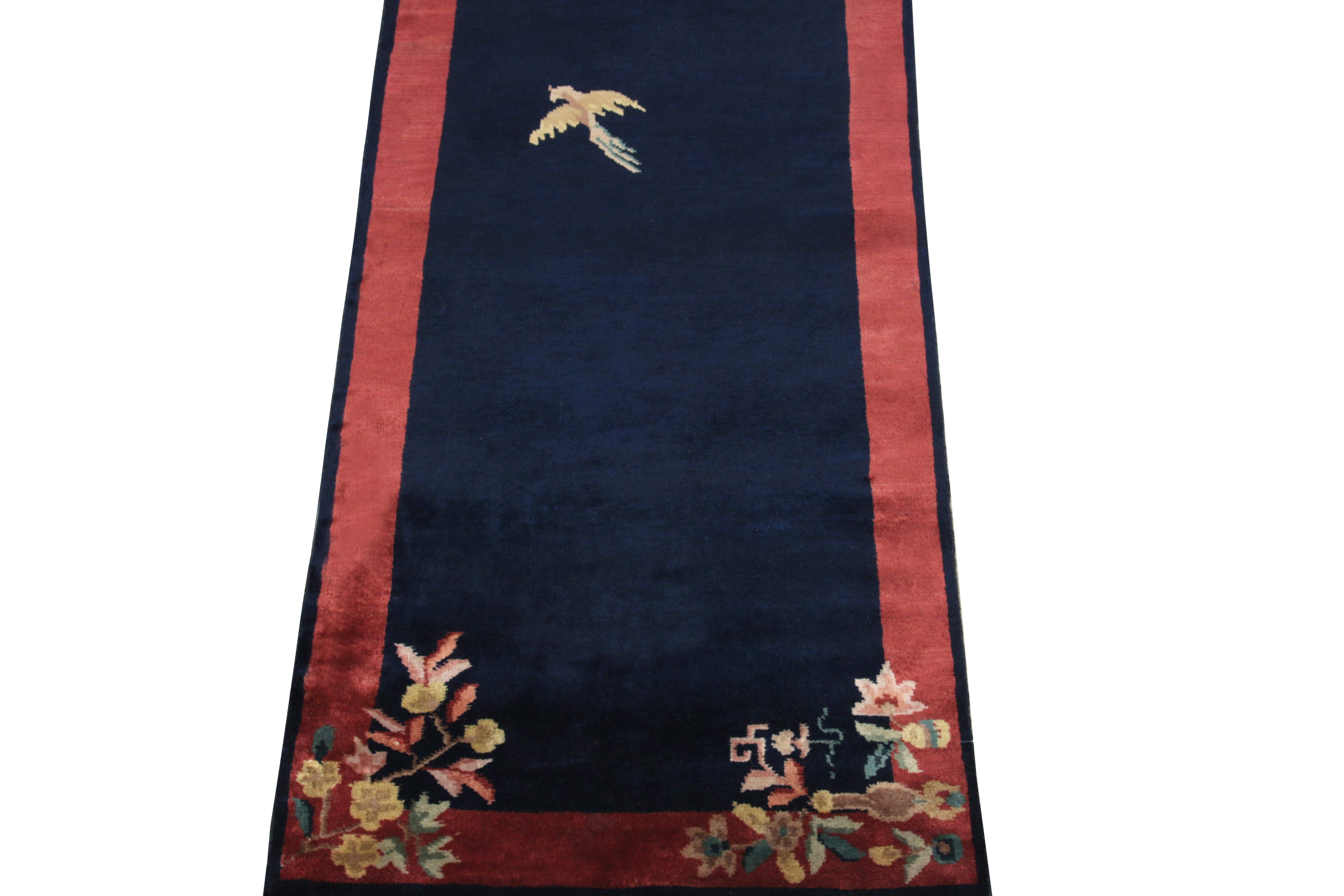 Indian Vintage Chinese Deco Style Runner in Deep Blue Red Floral Pattern by Rug & Kilim For Sale