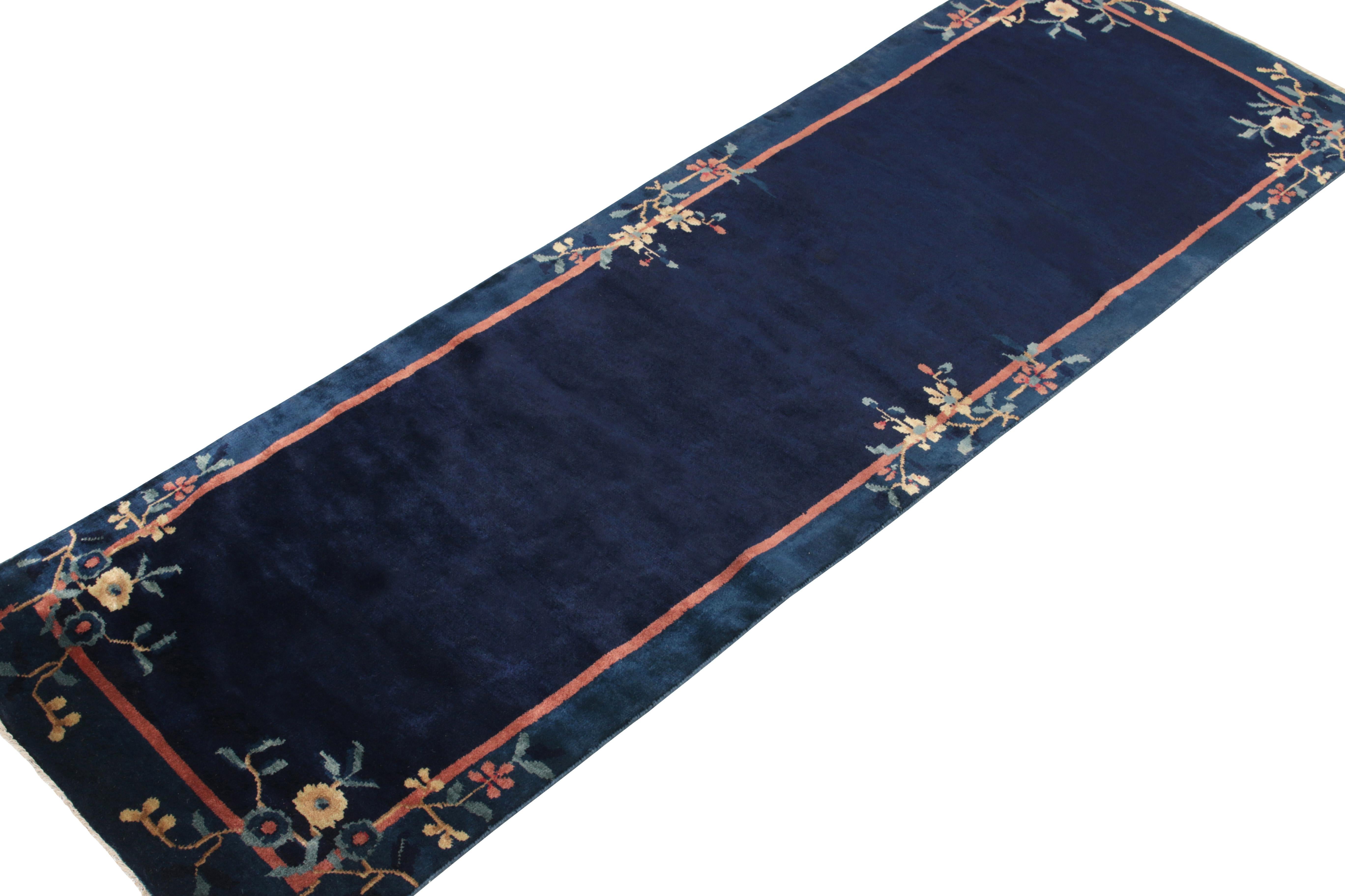 Art Deco Vintage Chinese Deco Style Runner in Blue, Bright Floral Patterns by Rug & Kilim