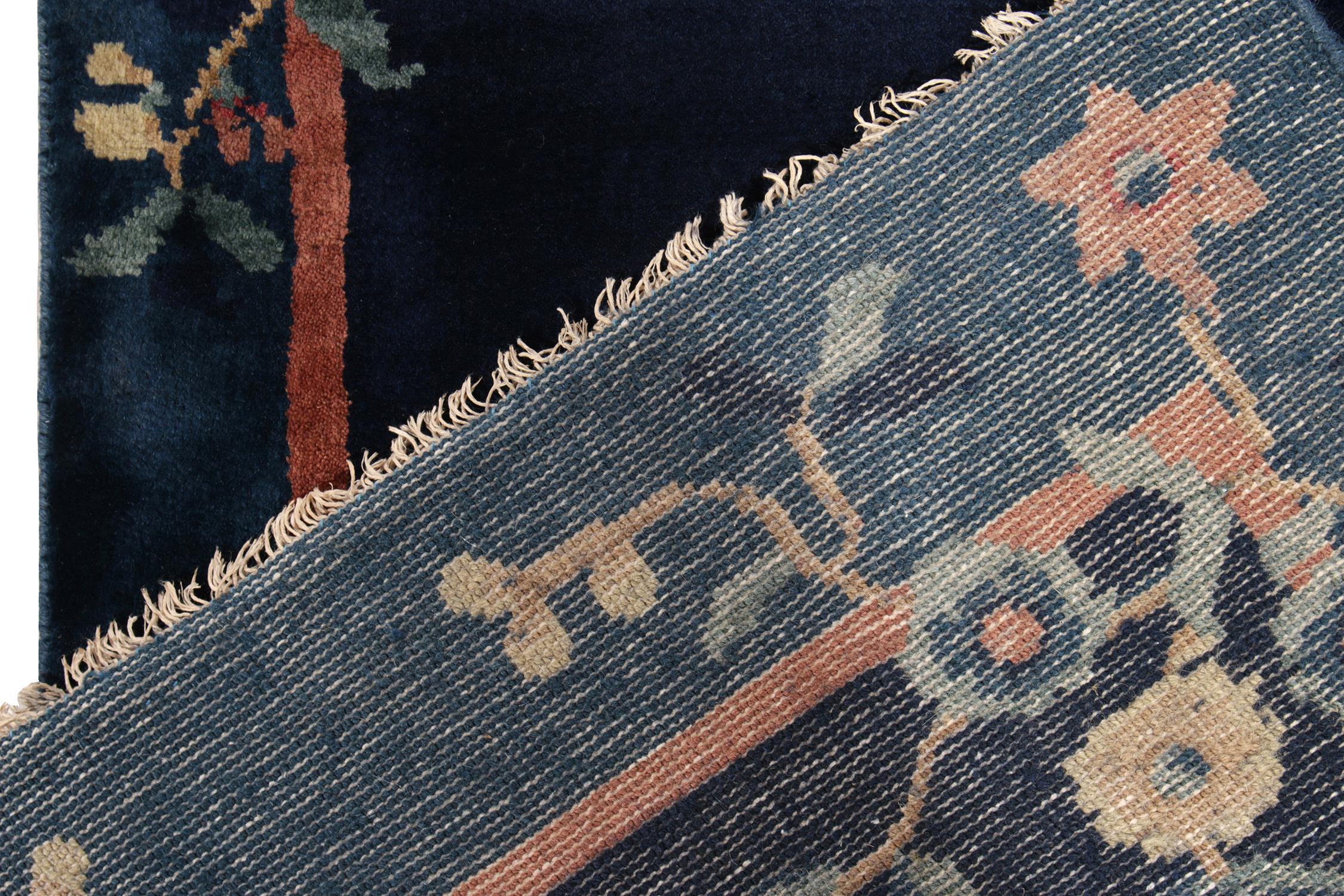 Hand-Knotted Vintage Chinese Deco Style Runner in Blue, Bright Floral Patterns by Rug & Kilim