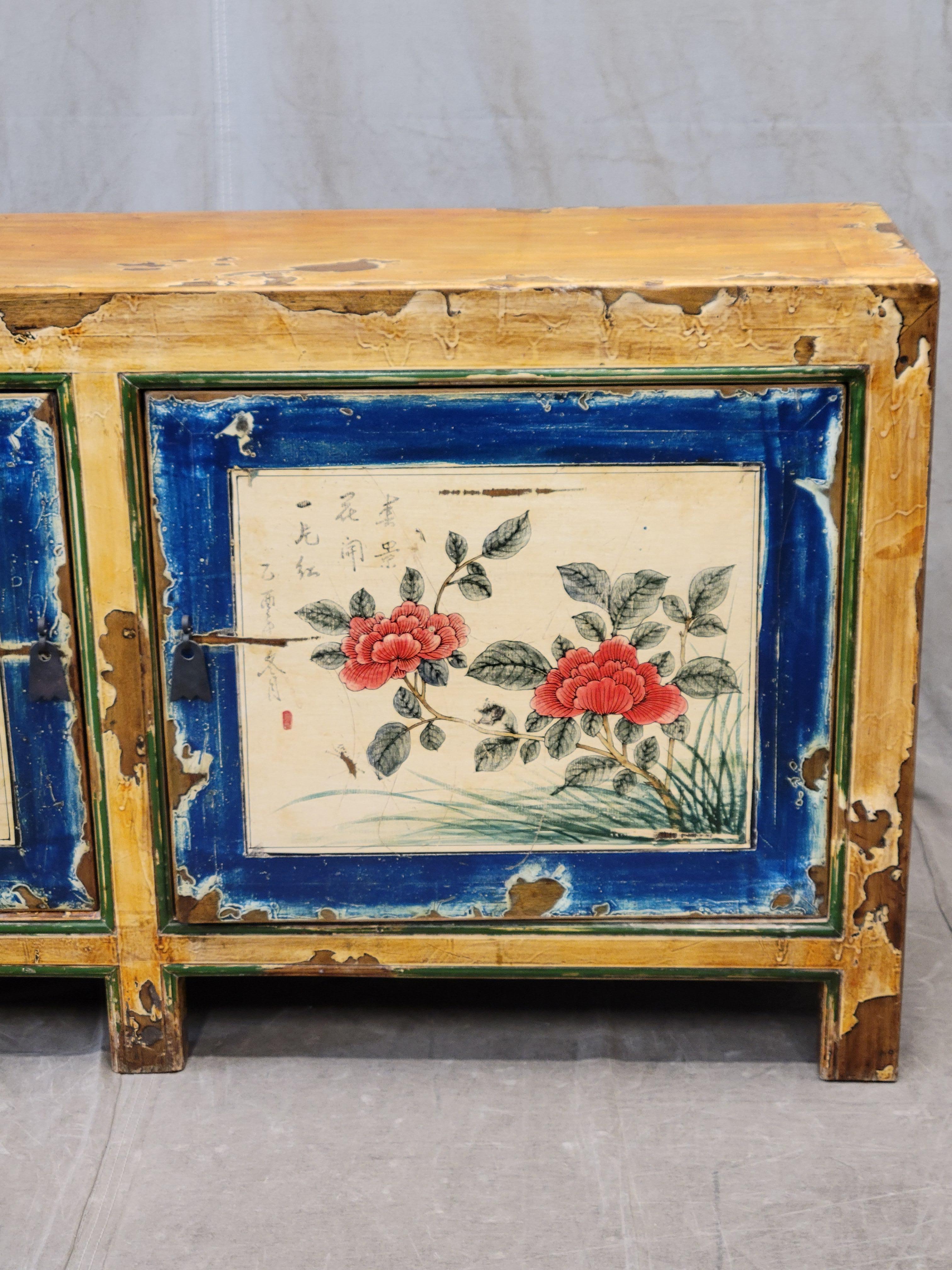 Chinoiserie Vintage Chinese Distressed Lacquer Storage Cabinet Console With Floral Motif For Sale