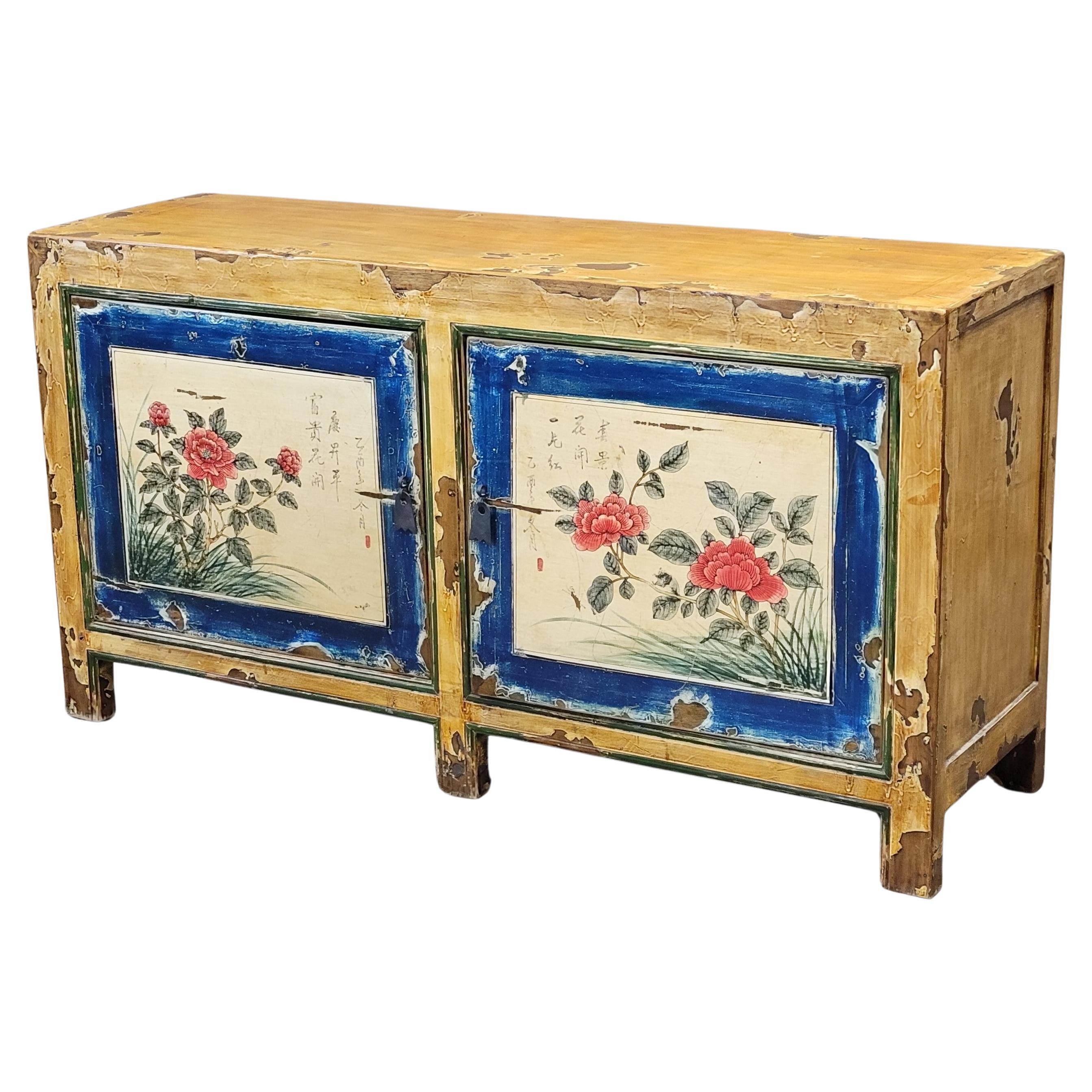 Vintage Chinese Distressed Lacquer Storage Cabinet Console With Floral Motif For Sale