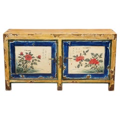 Vintage Chinese Distressed Lacquer Storage Cabinet Console With Floral Motif