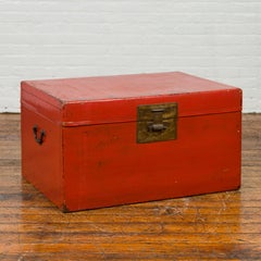 Vintage Chinese Distressed Red Lacquered Blanket Chest with Bronze Hardware