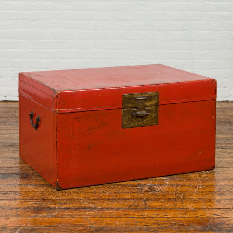 Vintage Chinese Distressed Red Lacquered Blanket Chest with Bronze