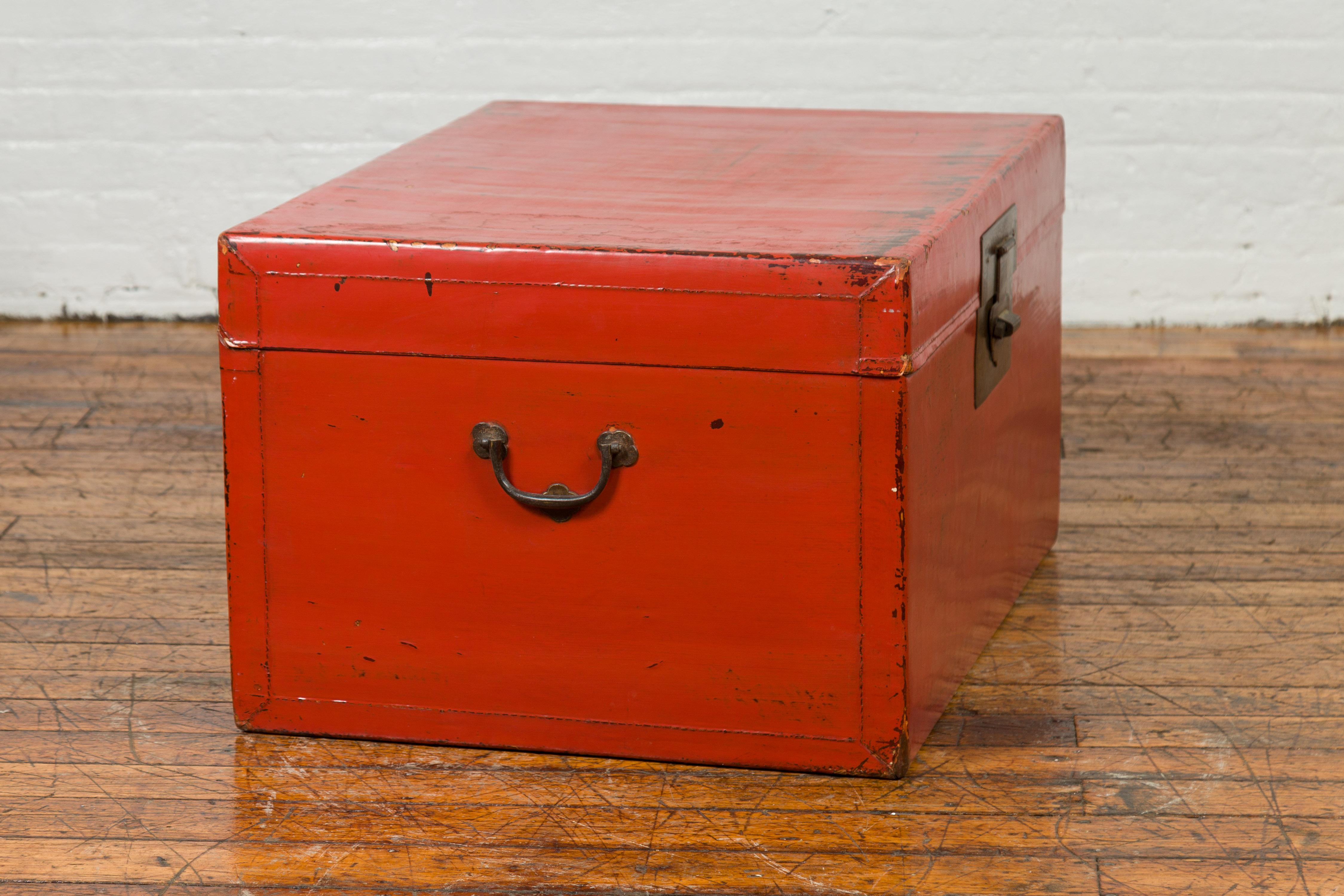 Vintage Chinese Distressed Red Lacquered Blanket Chest with Bronze Hardware 4