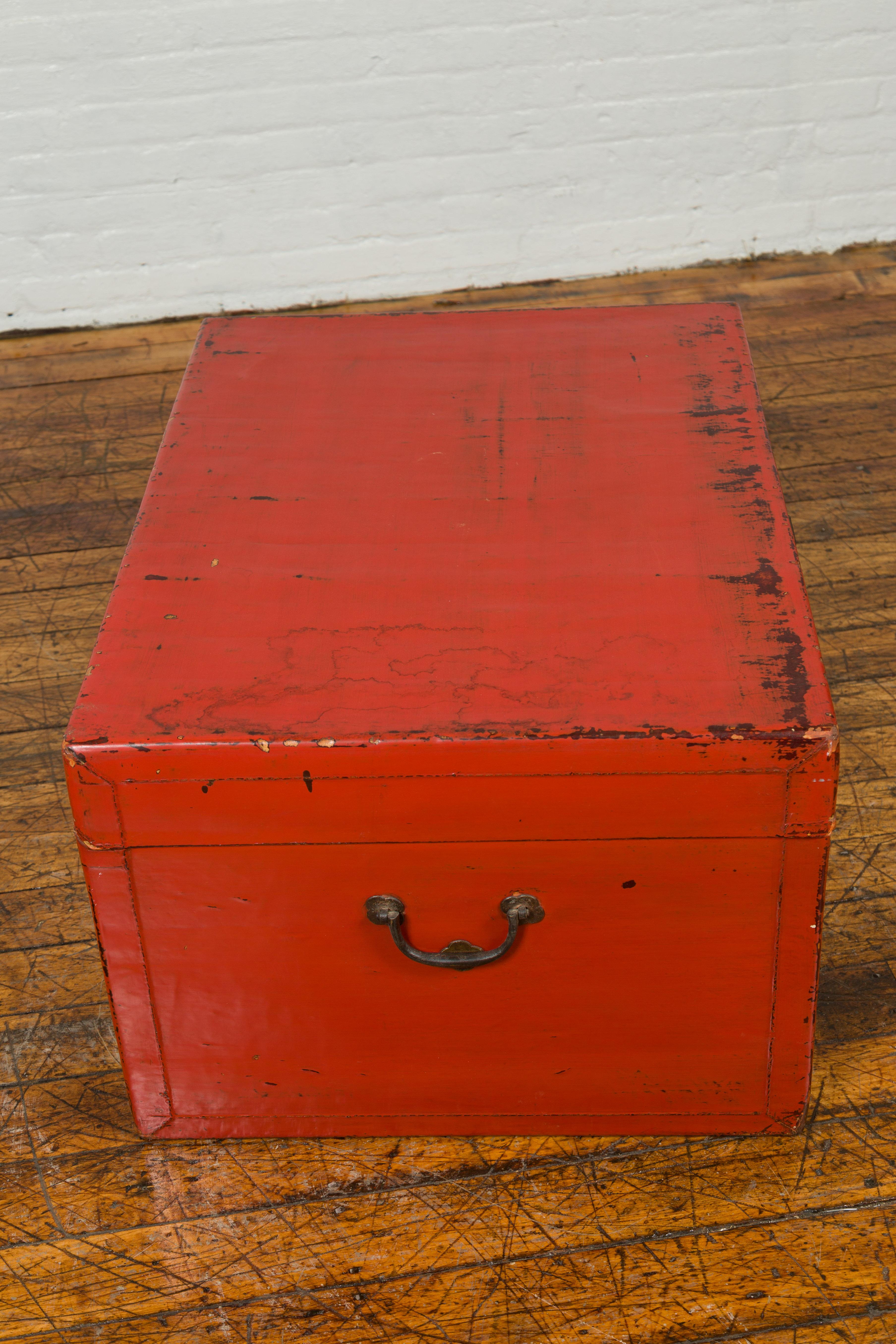 Vintage Chinese Distressed Red Lacquered Blanket Chest with Bronze Hardware 5