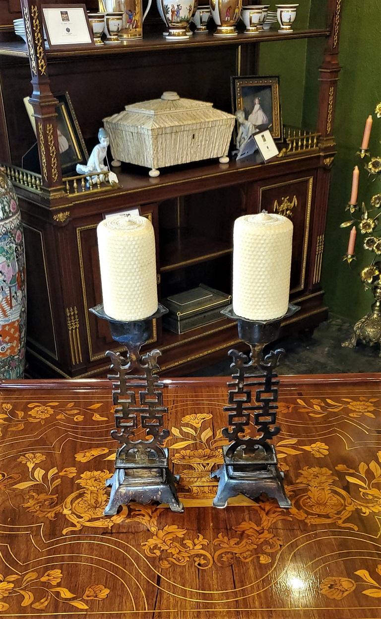 Archaistic Vintage Chinese Double Happiness Wedding Candlesticks For Sale