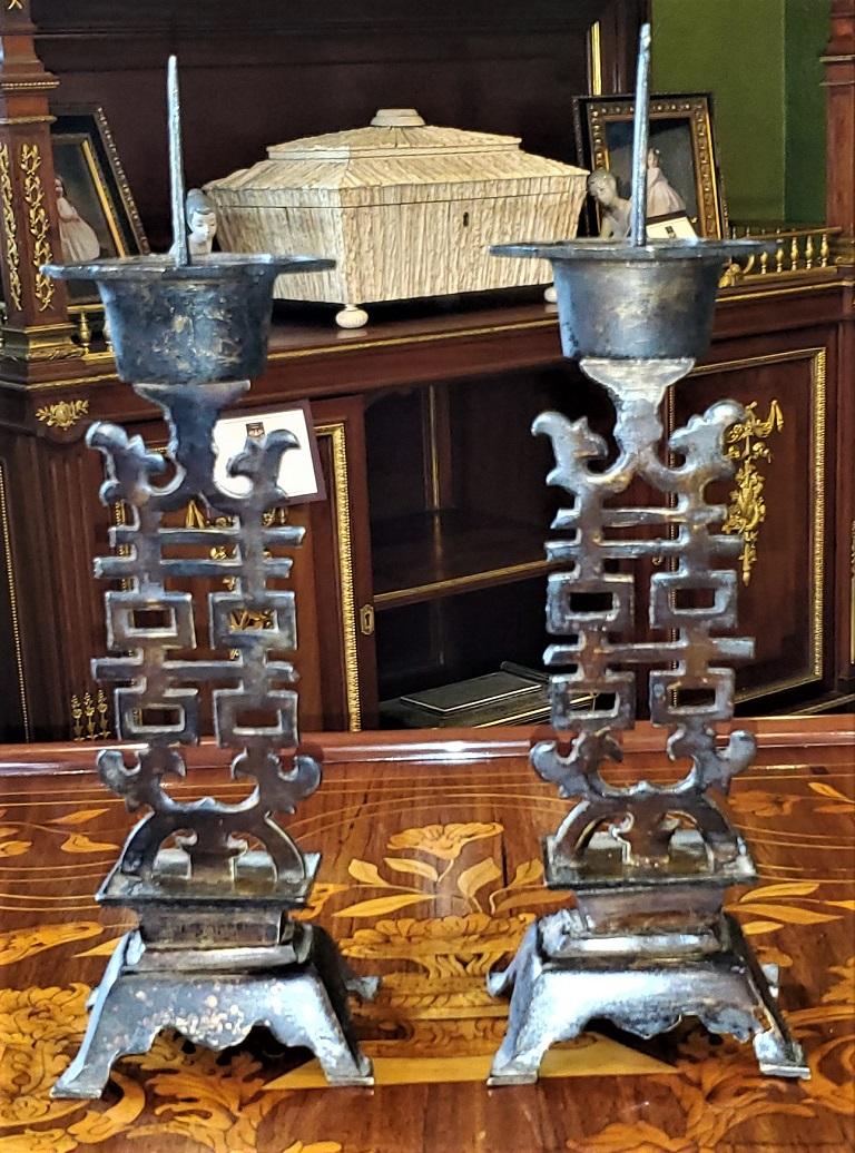 Pewter Vintage Chinese Double Happiness Wedding Candlesticks For Sale