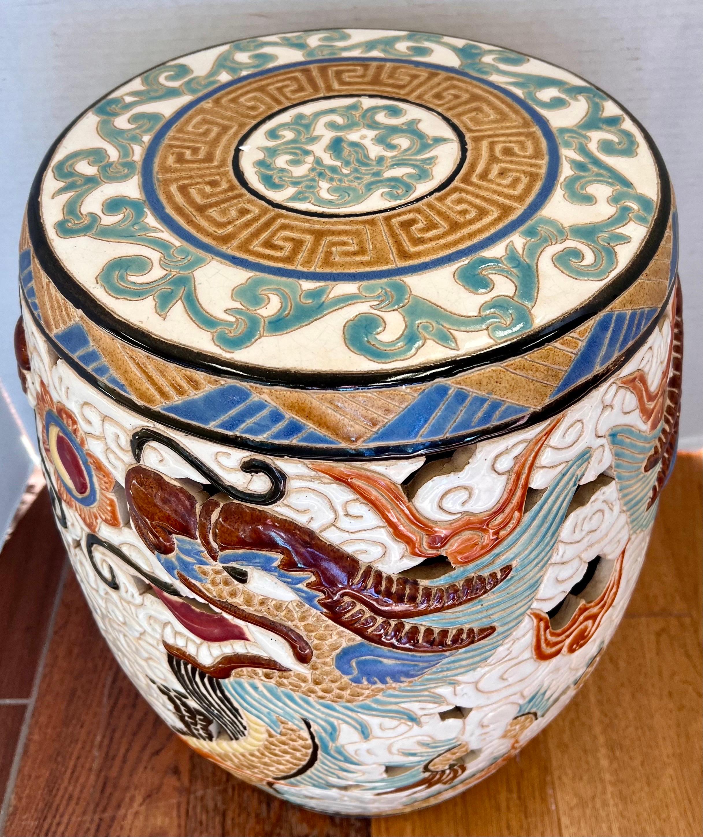 Stunning mid century Chinese chinoiserie style ceramic garden stool with carved dragons in the clouds all around.  No hallmarks at bottom.