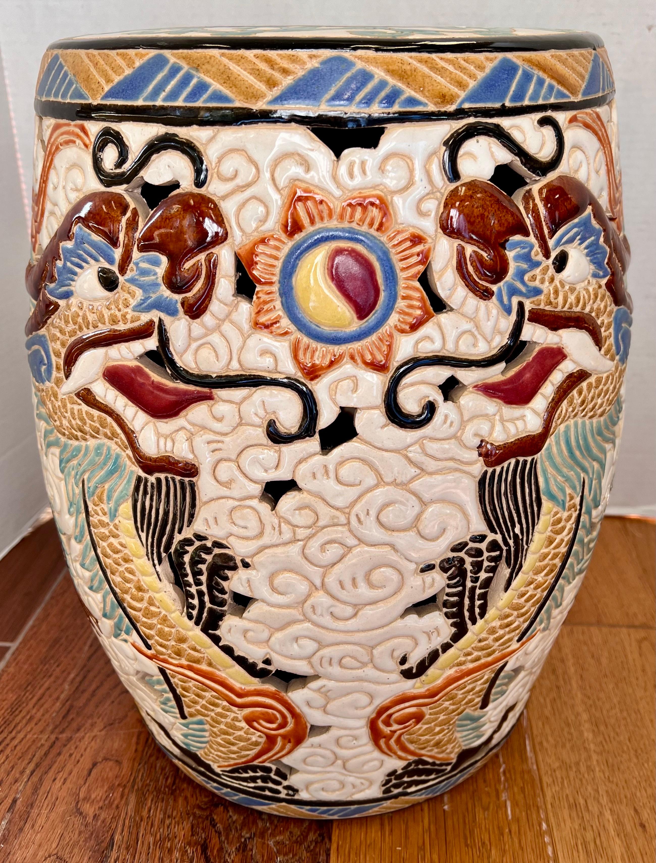 20th Century Vintage Chinese Dragon Ceramic Garden Stool Drum Table