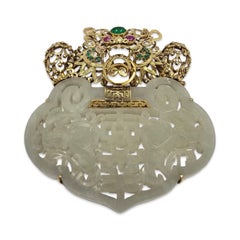 Vintage Chinese Dragon & Jade Longevity Plaque in 14K Gold with Gem Accents