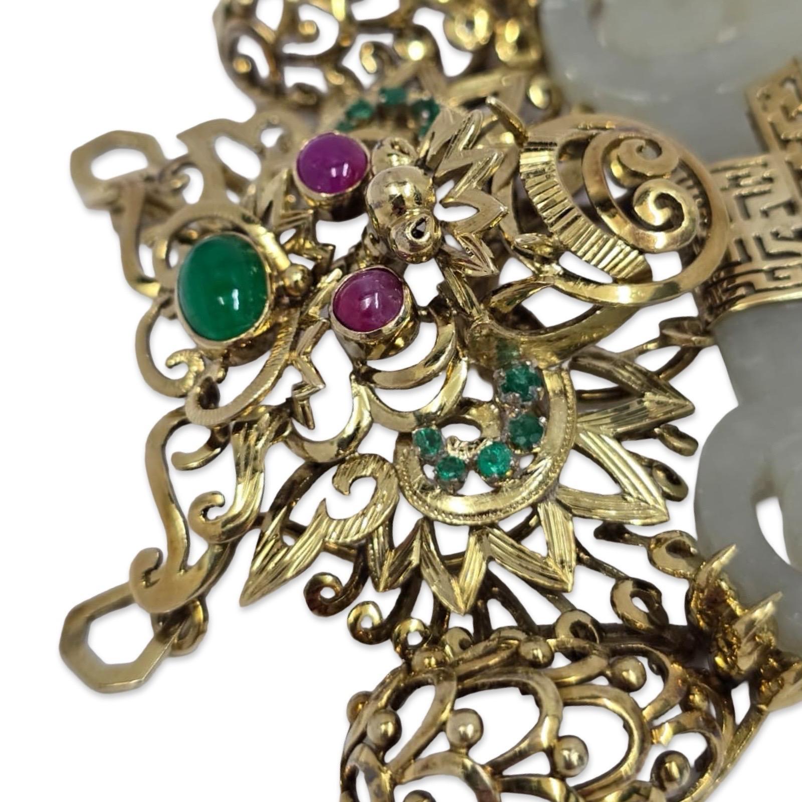 Vintage Chinese Dragon & Jade Longevity Plaque in 14K Gold mit Edelsteinen Akzente für Damen oder Herren im Angebot