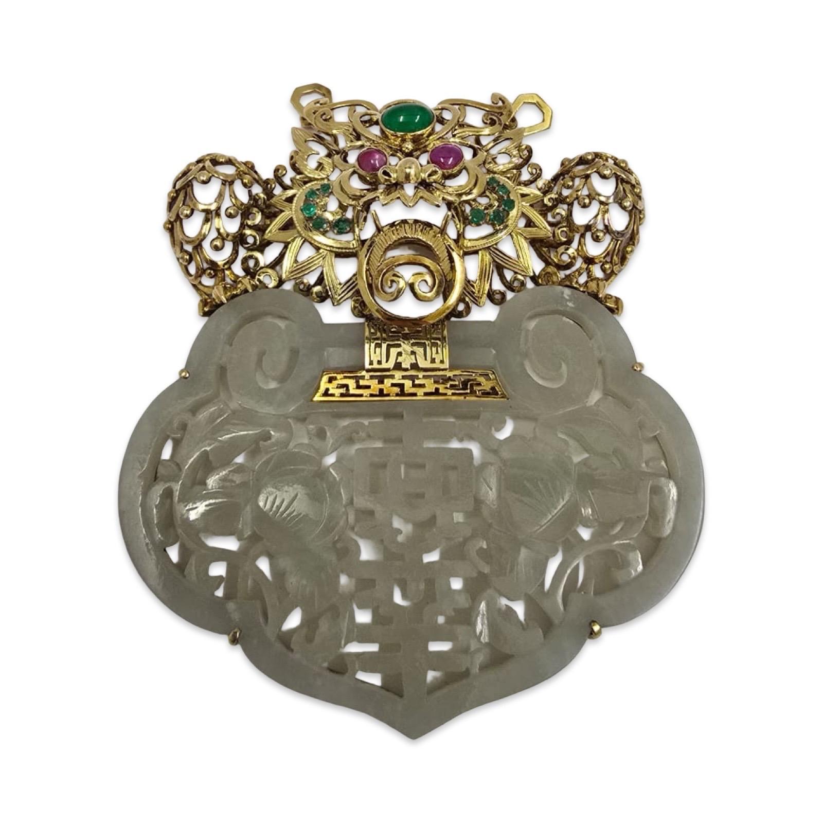 Vintage Chinese Dragon & Jade Longevity Plaque in 14K Gold mit Edelsteinen Akzente im Angebot 2