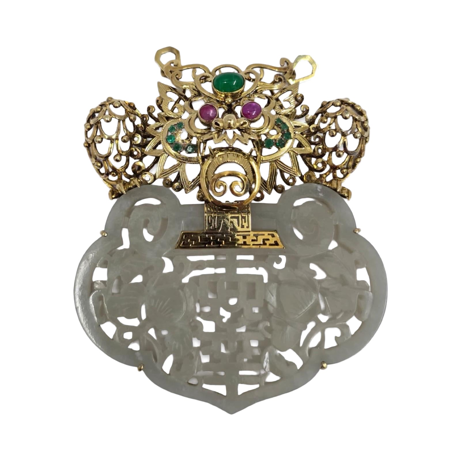 Vintage Chinese Dragon 
Jade Longevity Plaque in 14K Gold mit Edelsteinen Akzente im Angebot