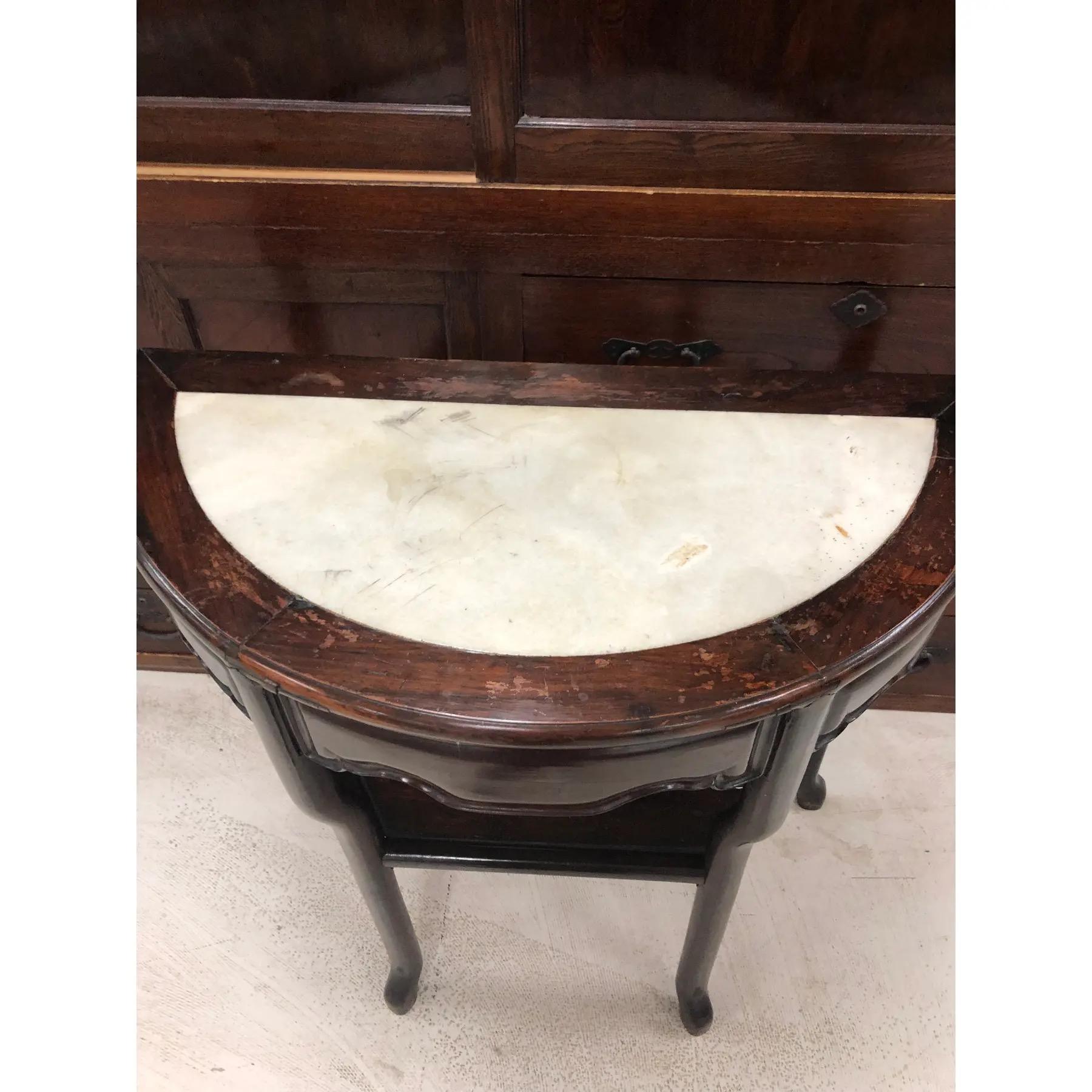 Chinese Export Vintage Chinese Elm Demi-Lune Marble Insert Console Demi-lune Table For Sale