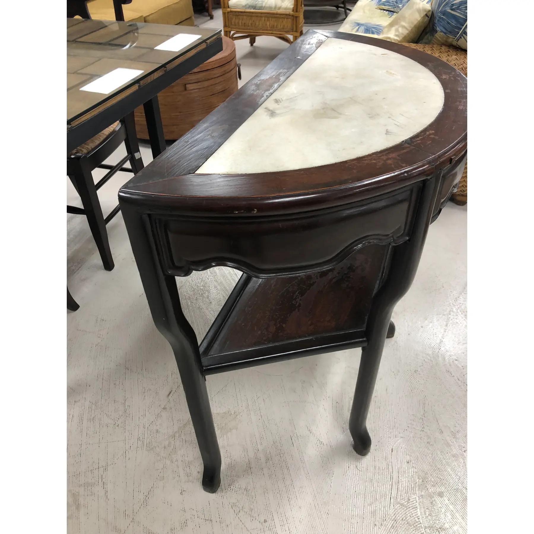 Vintage Chinese Elm Demi-Lune Marble Insert Console Demi-lune Table In Good Condition For Sale In Chapel Hill, NC
