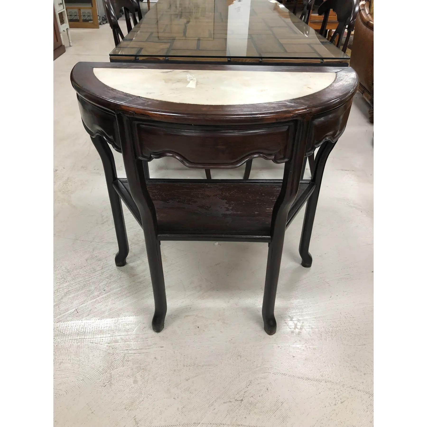 Early 20th Century Vintage Chinese Elm Demi-Lune Marble Insert Console Demi-lune Table For Sale