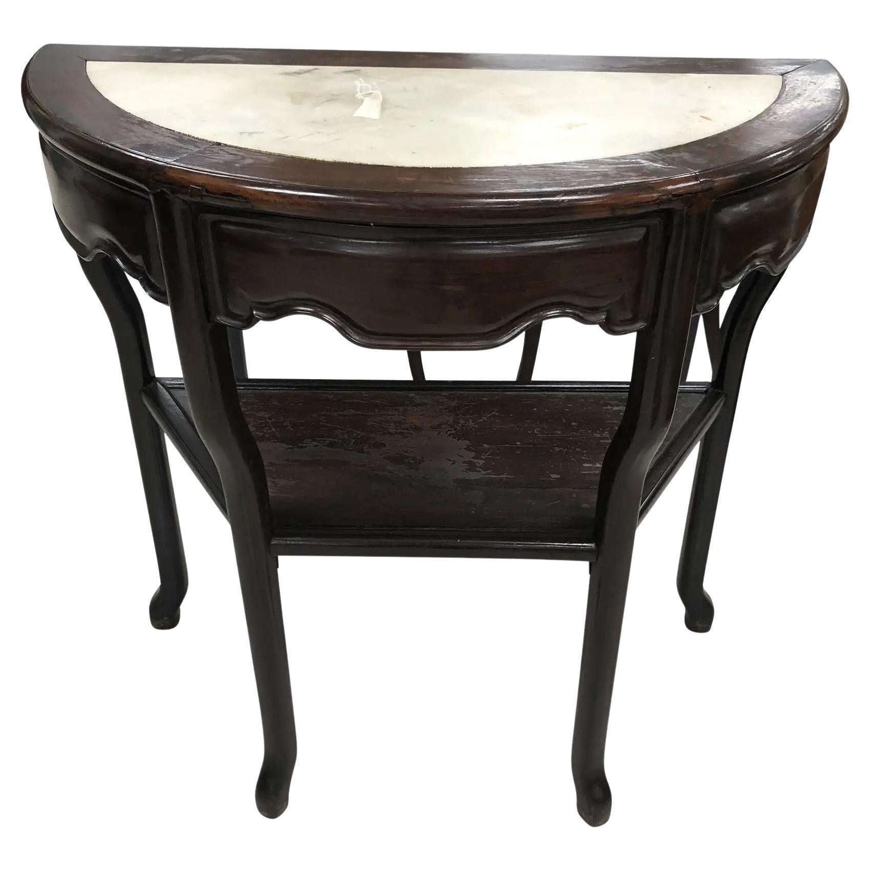 Vintage Chinese Elm Demi-Lune Marble Insert Console Demi-lune Table