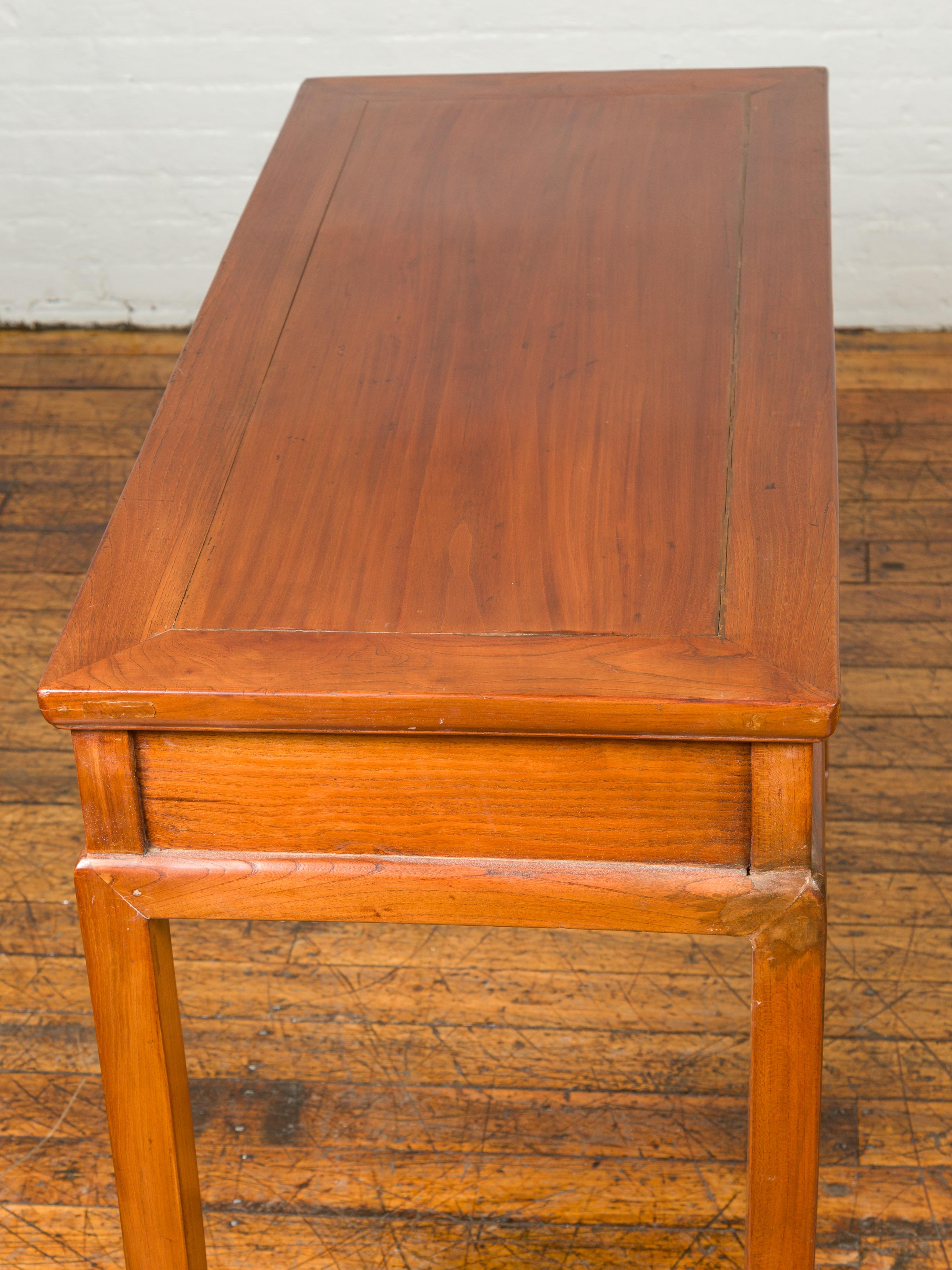 Vintage Chinese Elm Desk with Three Drawers, Iron Hardware and Swirling Motifs For Sale 4