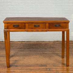 Vintage Elm Desk with Three Drawers, Iron Hardware and Swirling Motifs