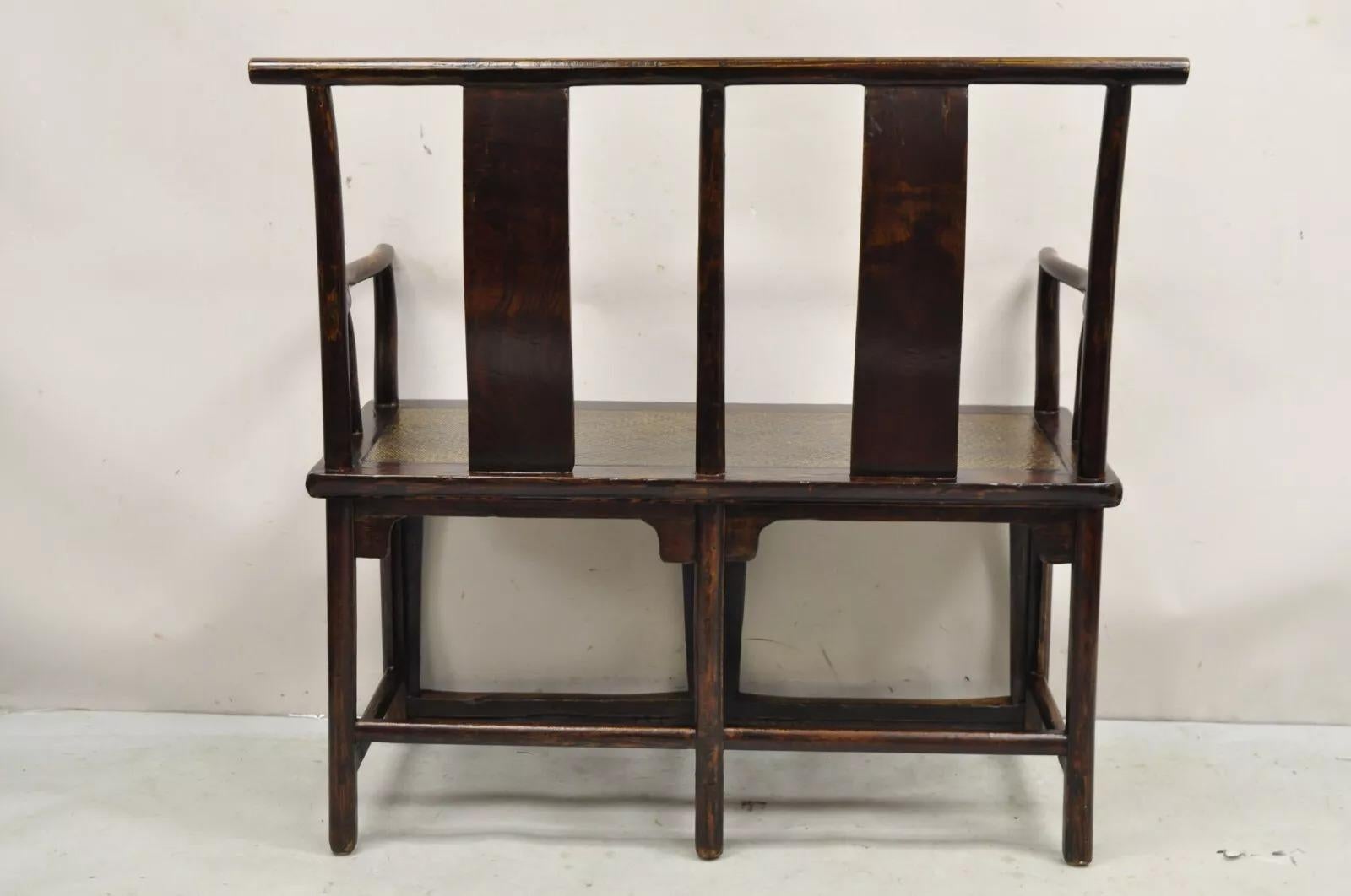 Vintage Chinese Elm Lacquered Cane Double Chairback Hall Bench Settee Sofa im Angebot 3