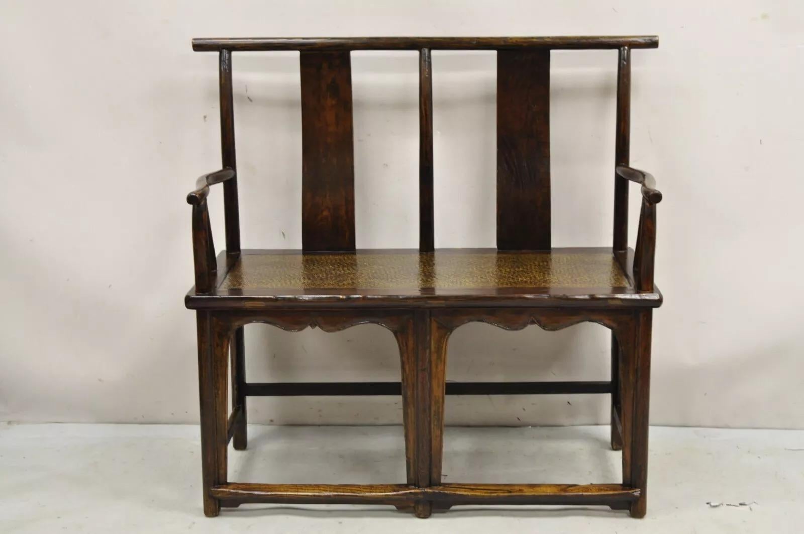 Vintage Chinese Elm Lacquered Cane Double Chairback Hall Bench Settee Sofa im Angebot 4