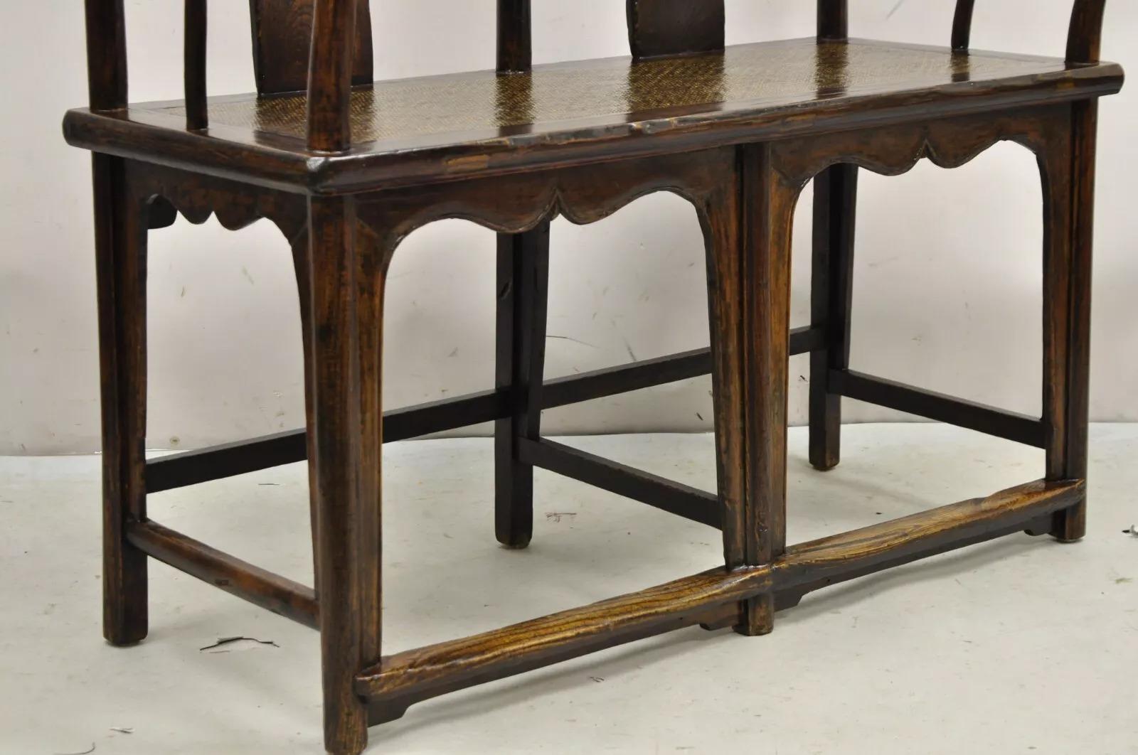Vintage Chinese Elm Lacquered Cane Double Chairback Hall Bench Settee Sofa (Chinoiserie) im Angebot