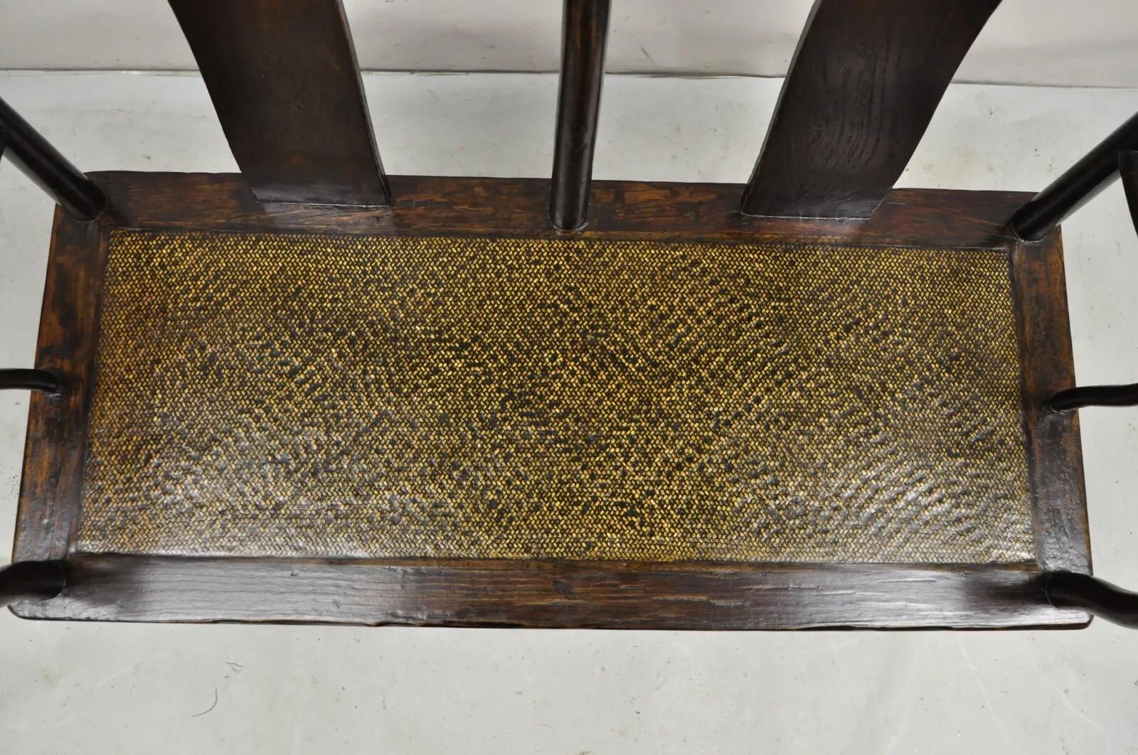 Vintage Chinese Elm Lacquered Cane Double Chairback Hall Bench Settee Sofa (20. Jahrhundert) im Angebot