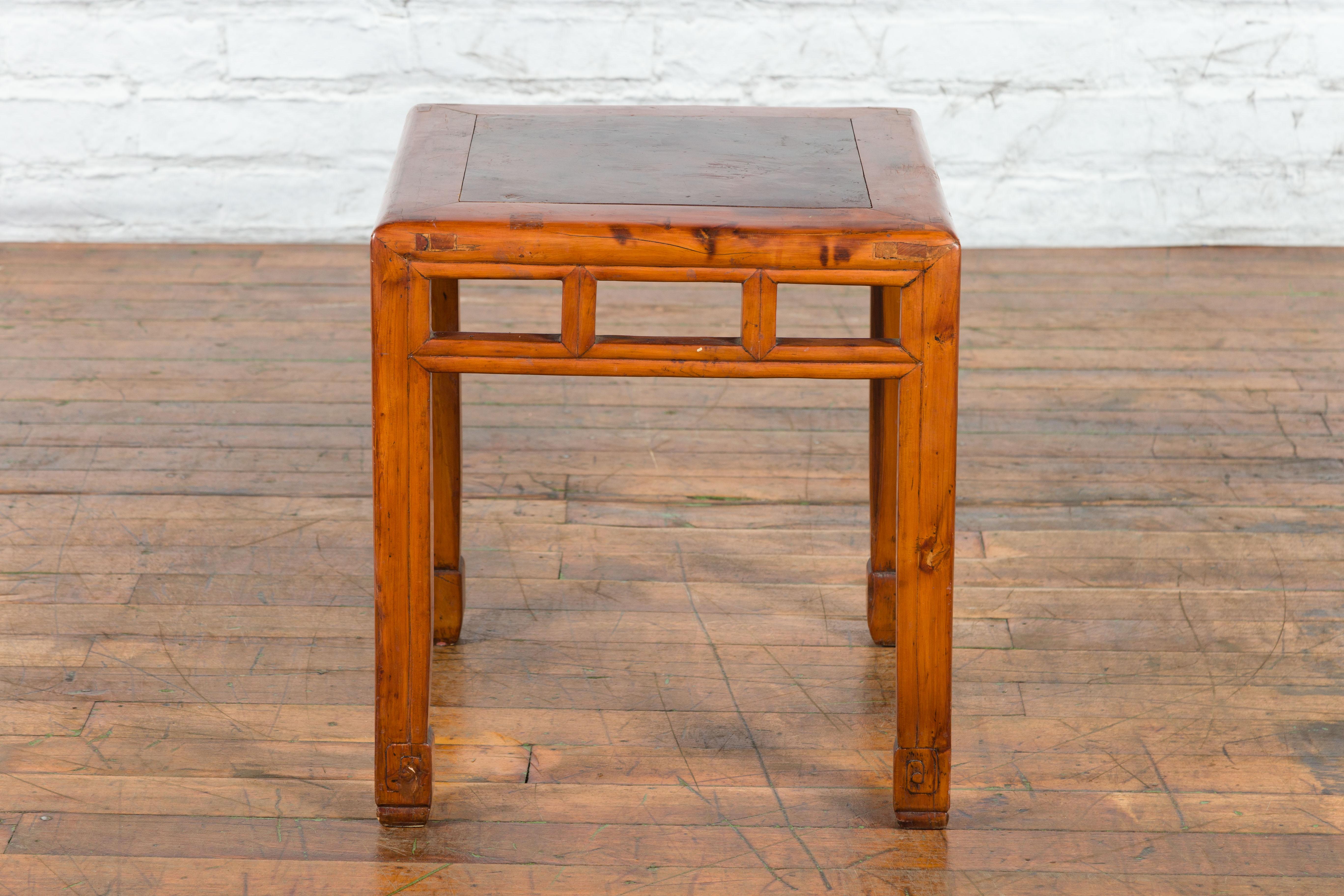 Vintage Chinese Elm Side Table with Burl Wood Top and Scrolling Carved Feet For Sale 13