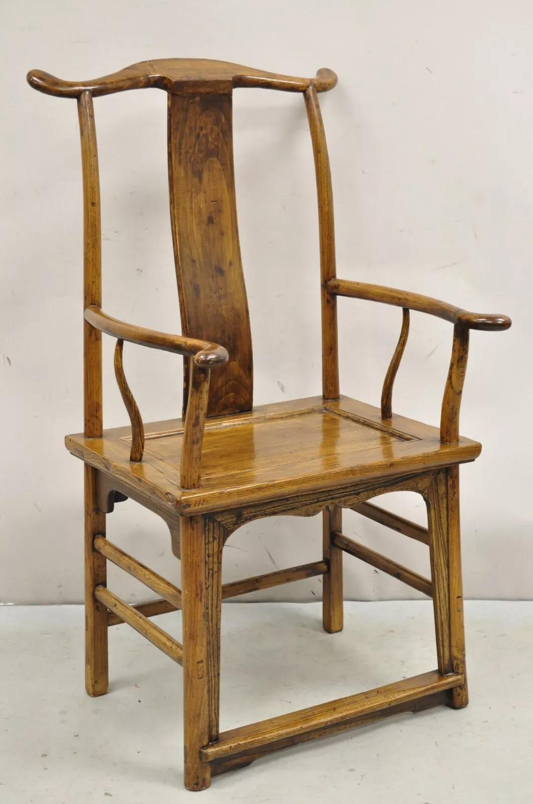 Vintage Chinese Elm Wood Ming Yoke Back Lacquered Asian Scholars Arm Chair For Sale 6