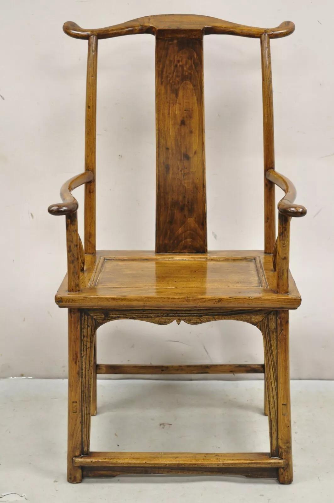 Vintage Chinese Elm Wood Ming Yoke Back Lacquered Asian Scholars Arm Chair. Believed to be Circa Mid 20th Century. Measurements: 44