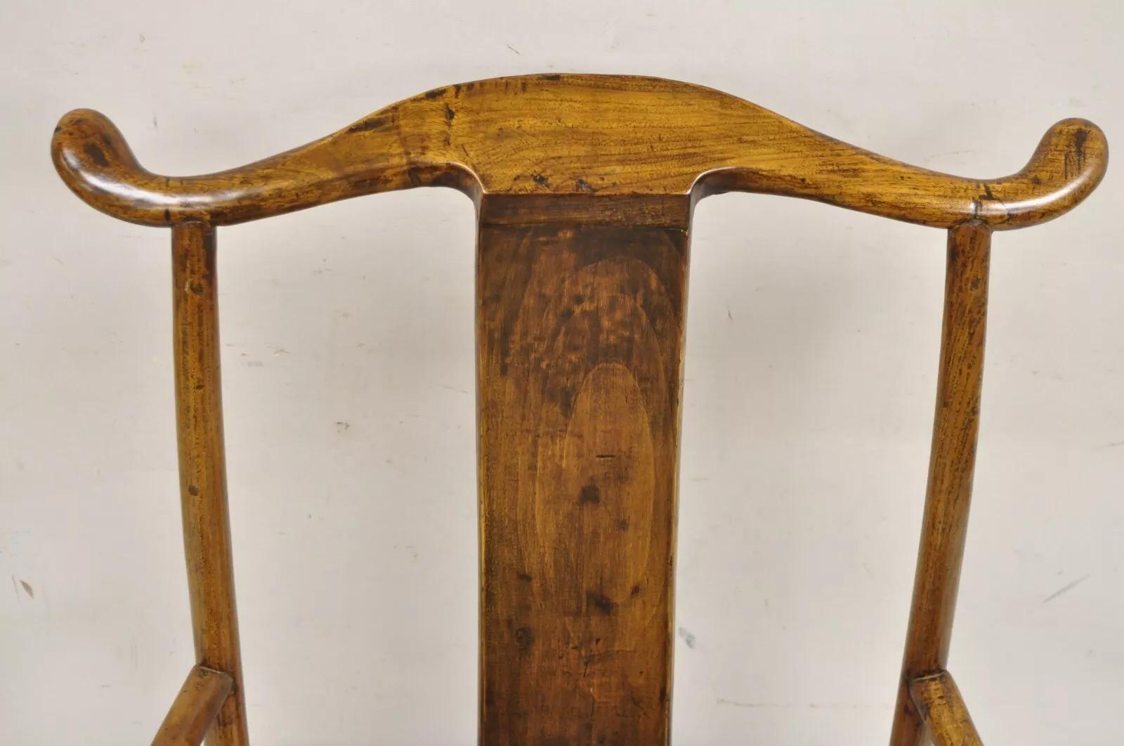 Chinoiserie Vintage Chinese Elm Wood Ming Yoke Back Lacquered Asian Scholars Arm Chair For Sale