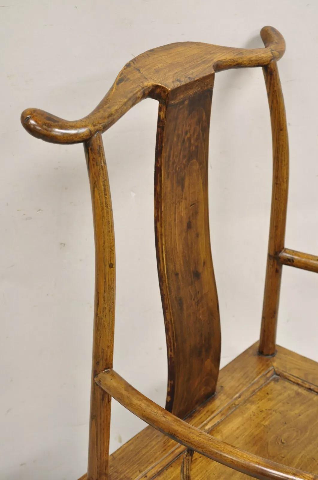 Unknown Vintage Chinese Elm Wood Ming Yoke Back Lacquered Asian Scholars Arm Chair For Sale