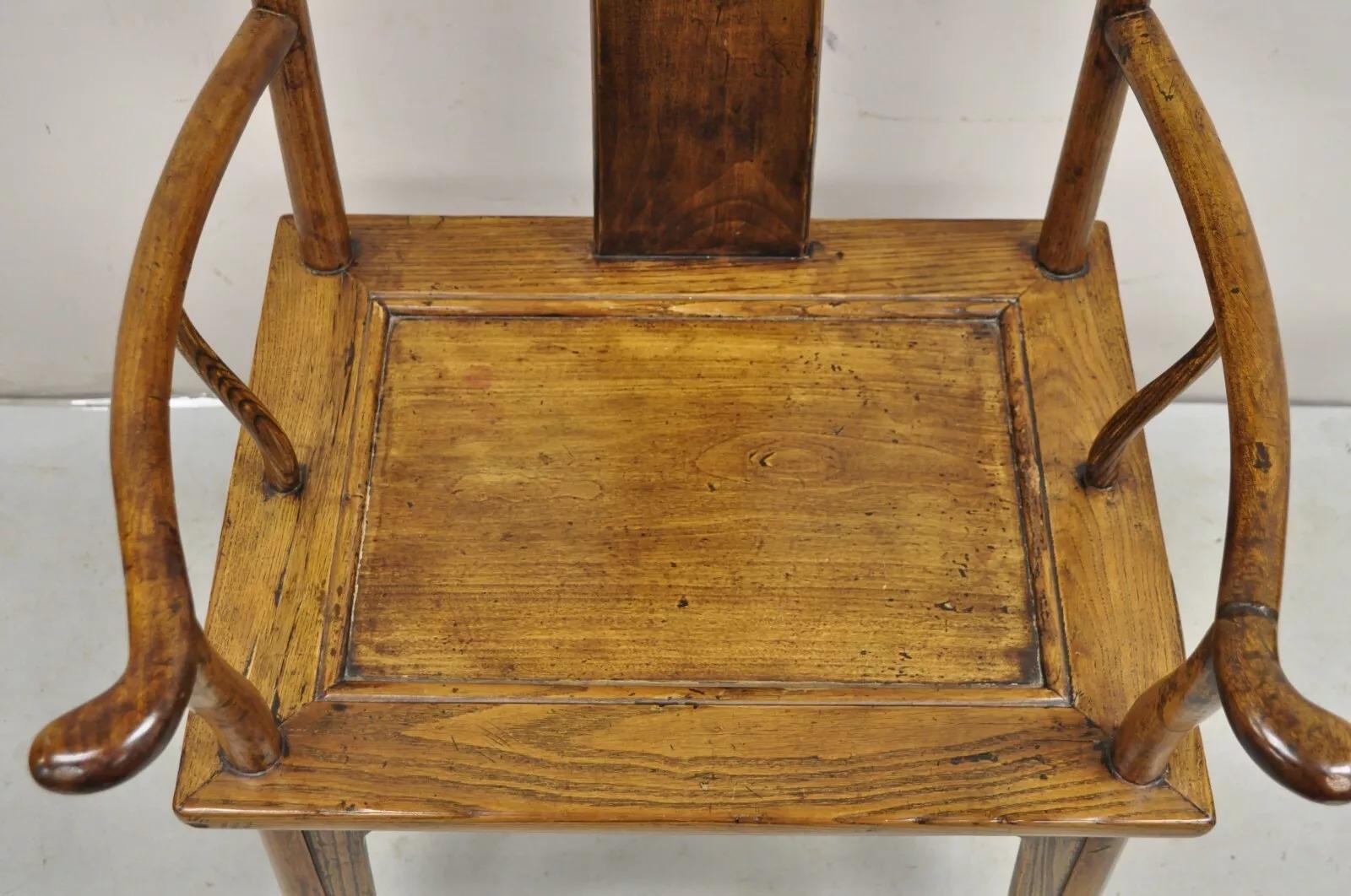 Vintage Chinese Elm Wood Ming Yoke Back Lacquered Asian Scholars Arm Chair In Good Condition For Sale In Philadelphia, PA