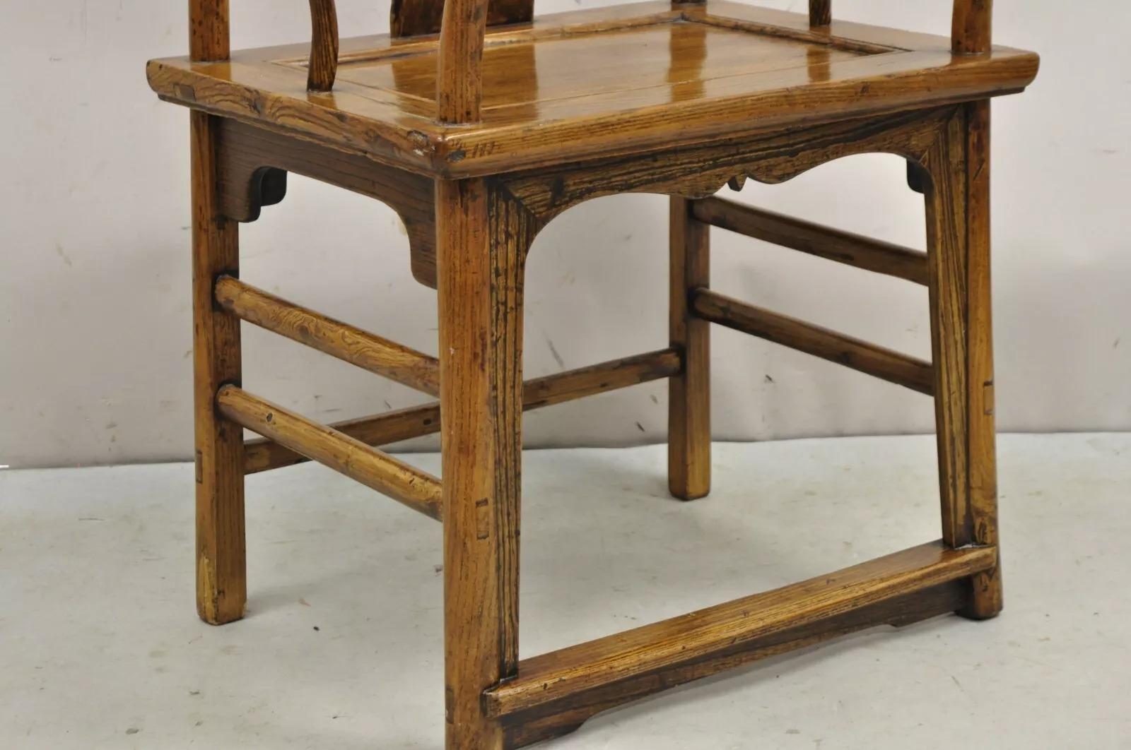 20th Century Vintage Chinese Elm Wood Ming Yoke Back Lacquered Asian Scholars Arm Chair For Sale