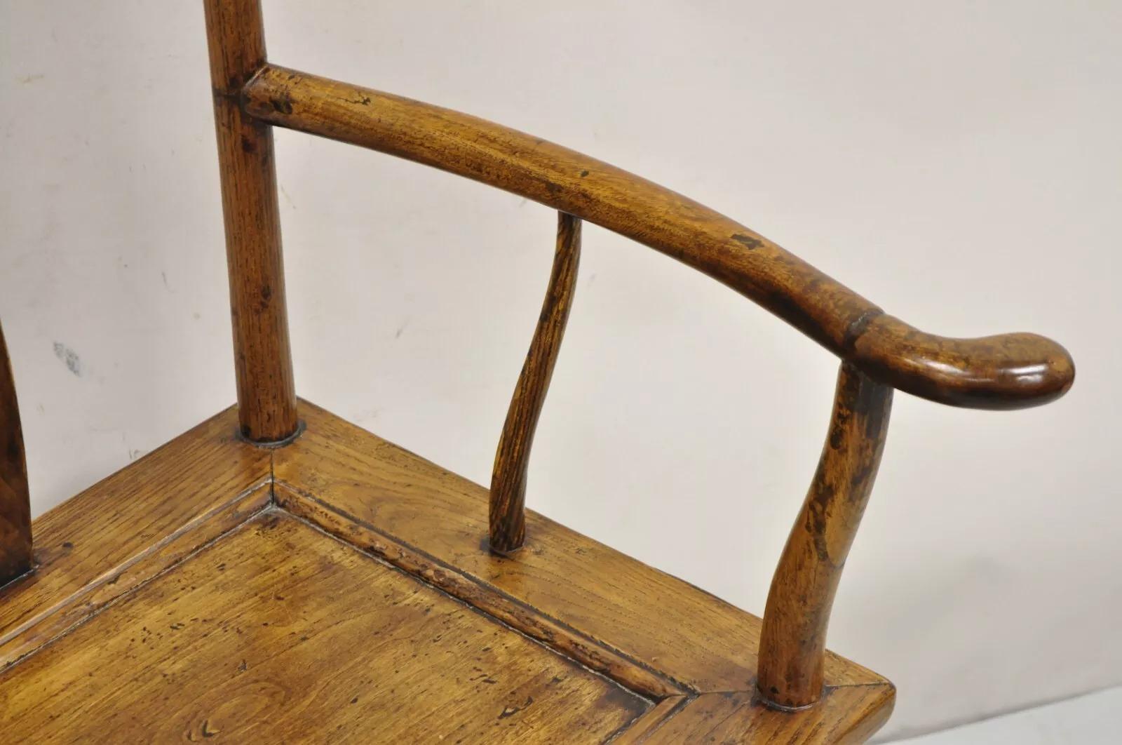 Vintage Chinese Elm Wood Ming Yoke Back Lacquered Asian Scholars Arm Chair For Sale 2
