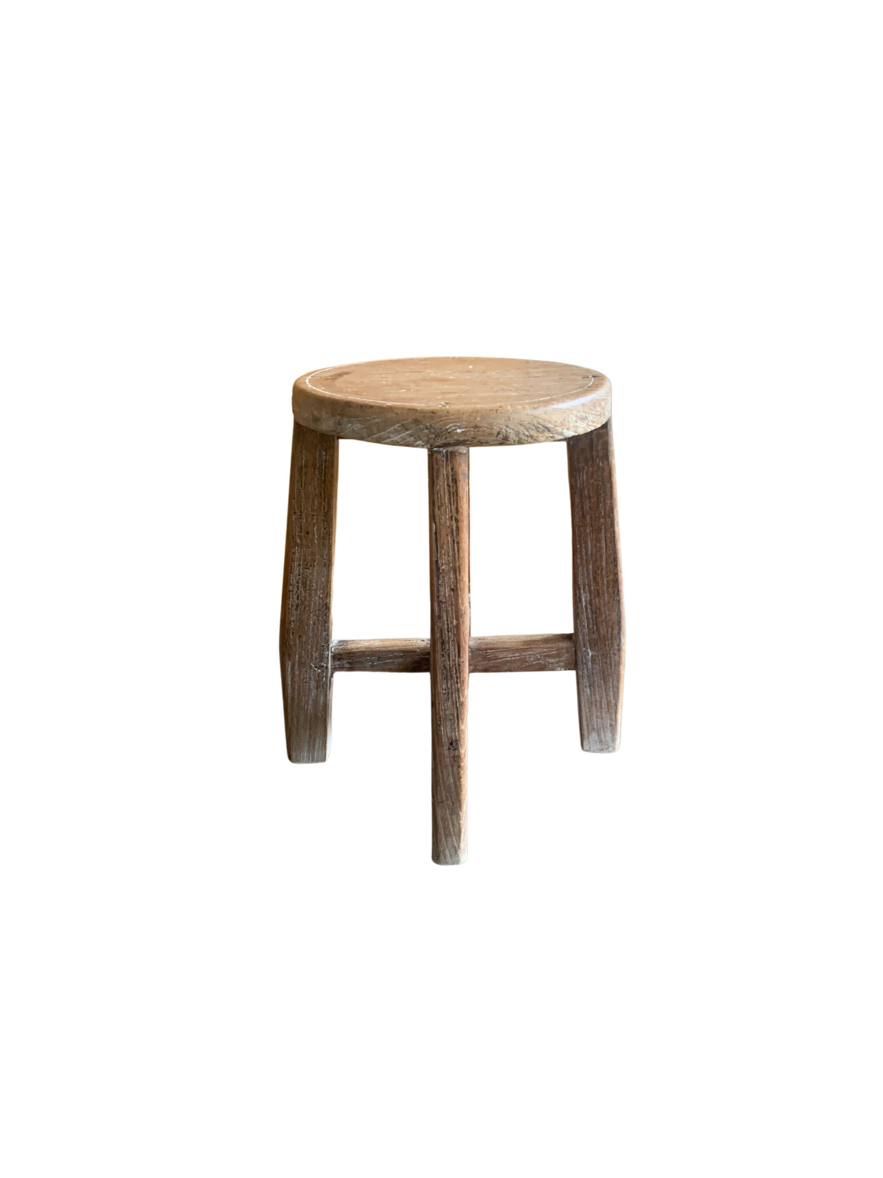Hand-Carved Vintage Chinese Elm Wood Stool For Sale
