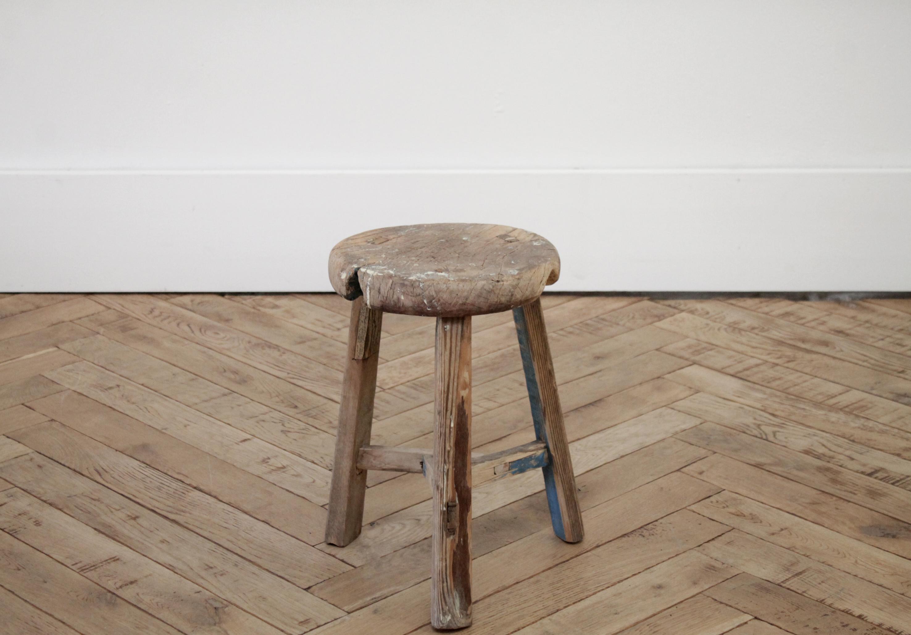 Chinese Vintage Elm Wood Stool with Faded Paint