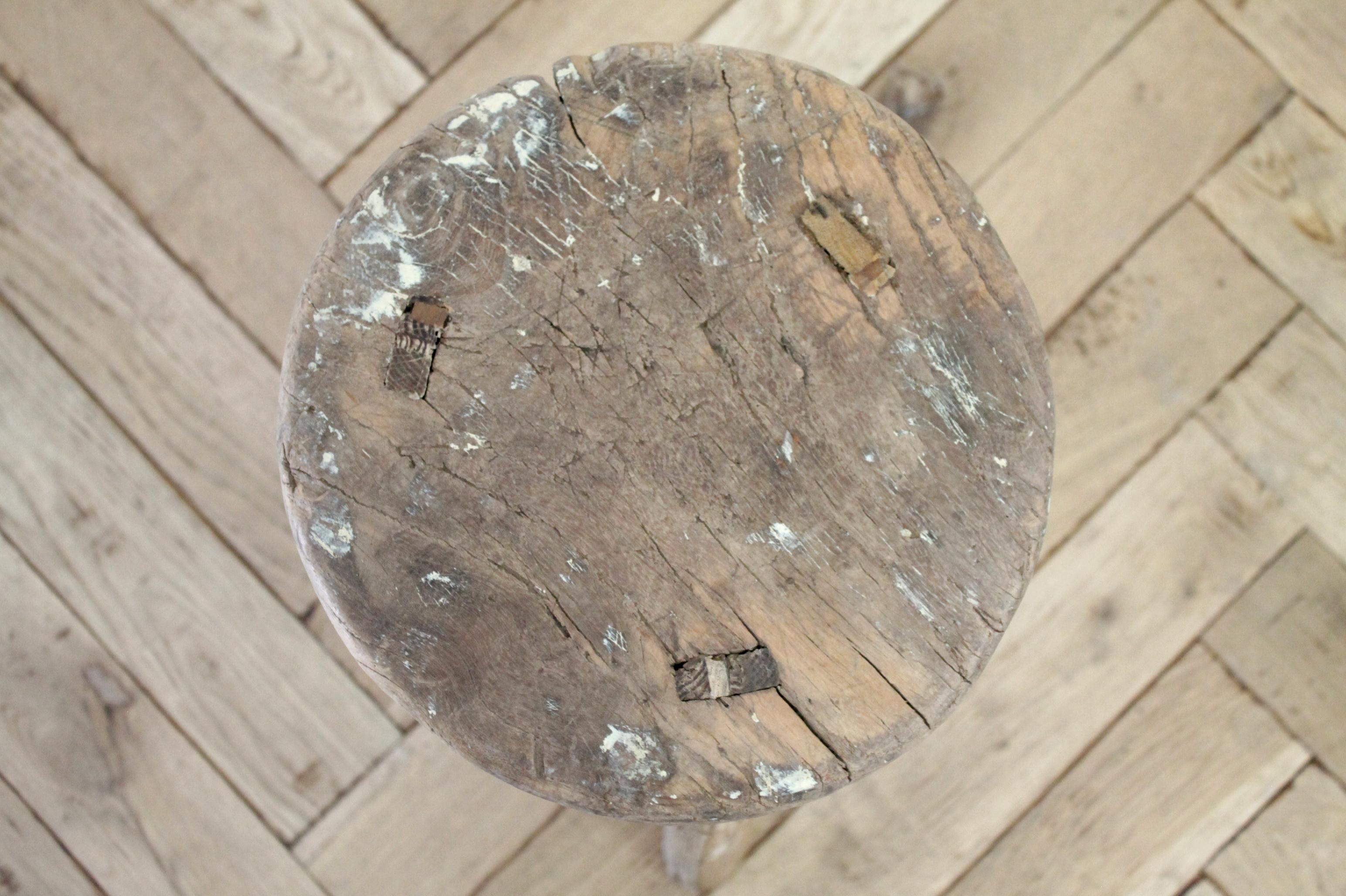 20th Century Vintage Elm Wood Stool with Faded Paint